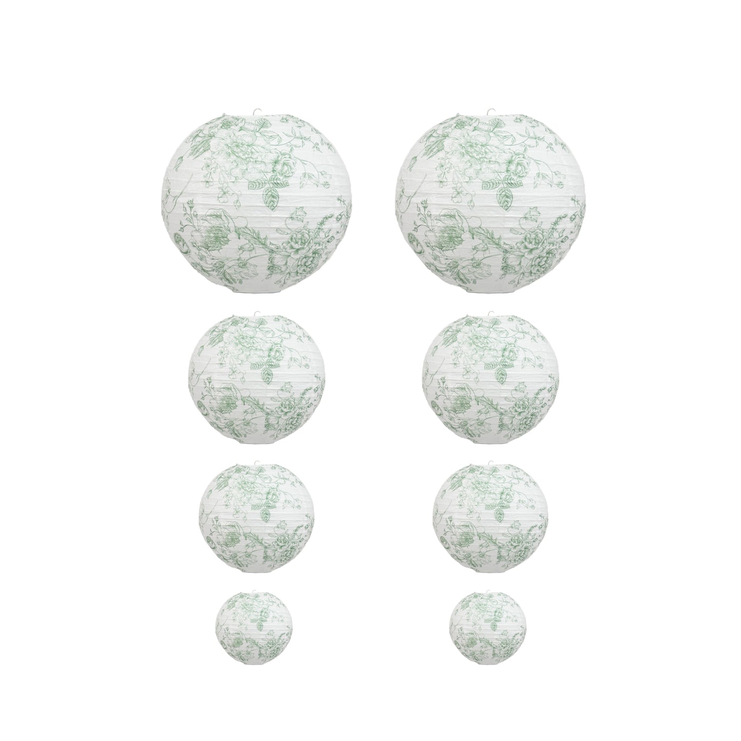 Set of 8 white and sage green floral paper lanterns, varying sizes.
