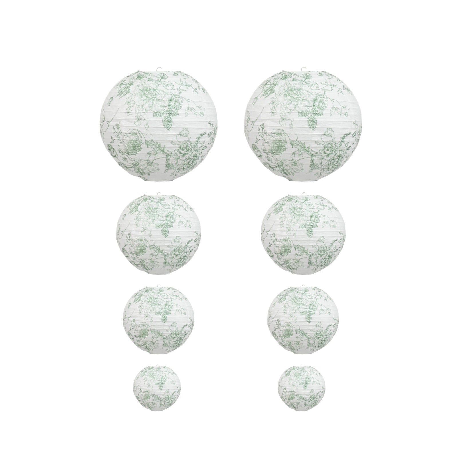 Set of 8 white and sage green floral paper lanterns, varying sizes.