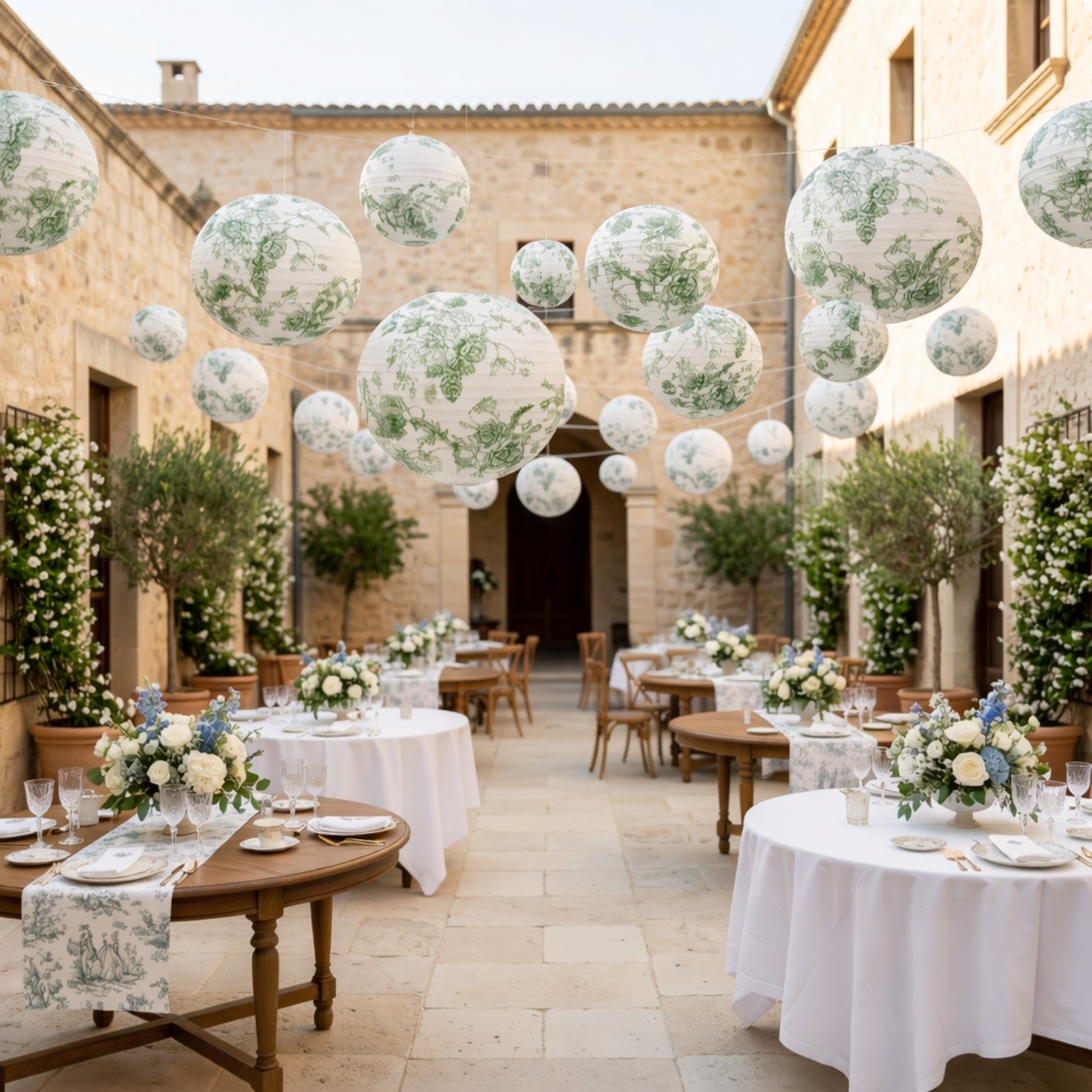 White and sage green floral paper lanterns hanging in a decorated outdoor setting.