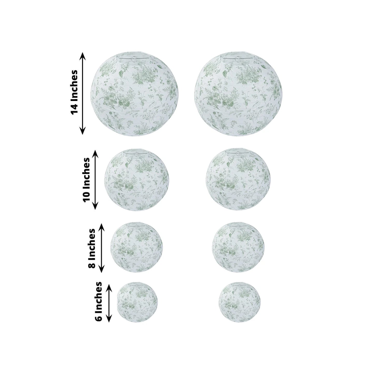 Set of 8 White Sage Green Hanging Chinese Lanterns in French Toile Floral Pattern, Festival Paper Lanterns - 6",8",10",14"