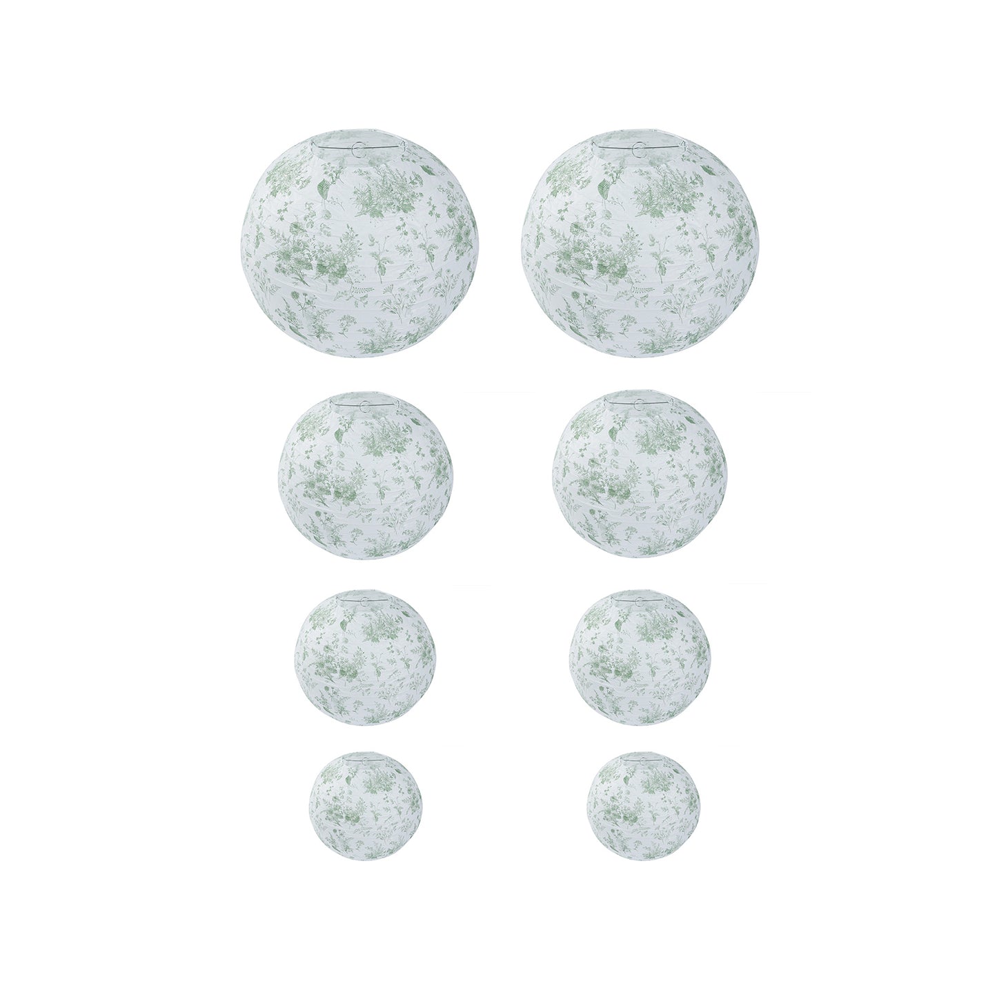 Set of 8 White Sage Green Hanging Chinese Lanterns in French Toile Floral Pattern, Festival Paper Lanterns - 6",8",10",14"