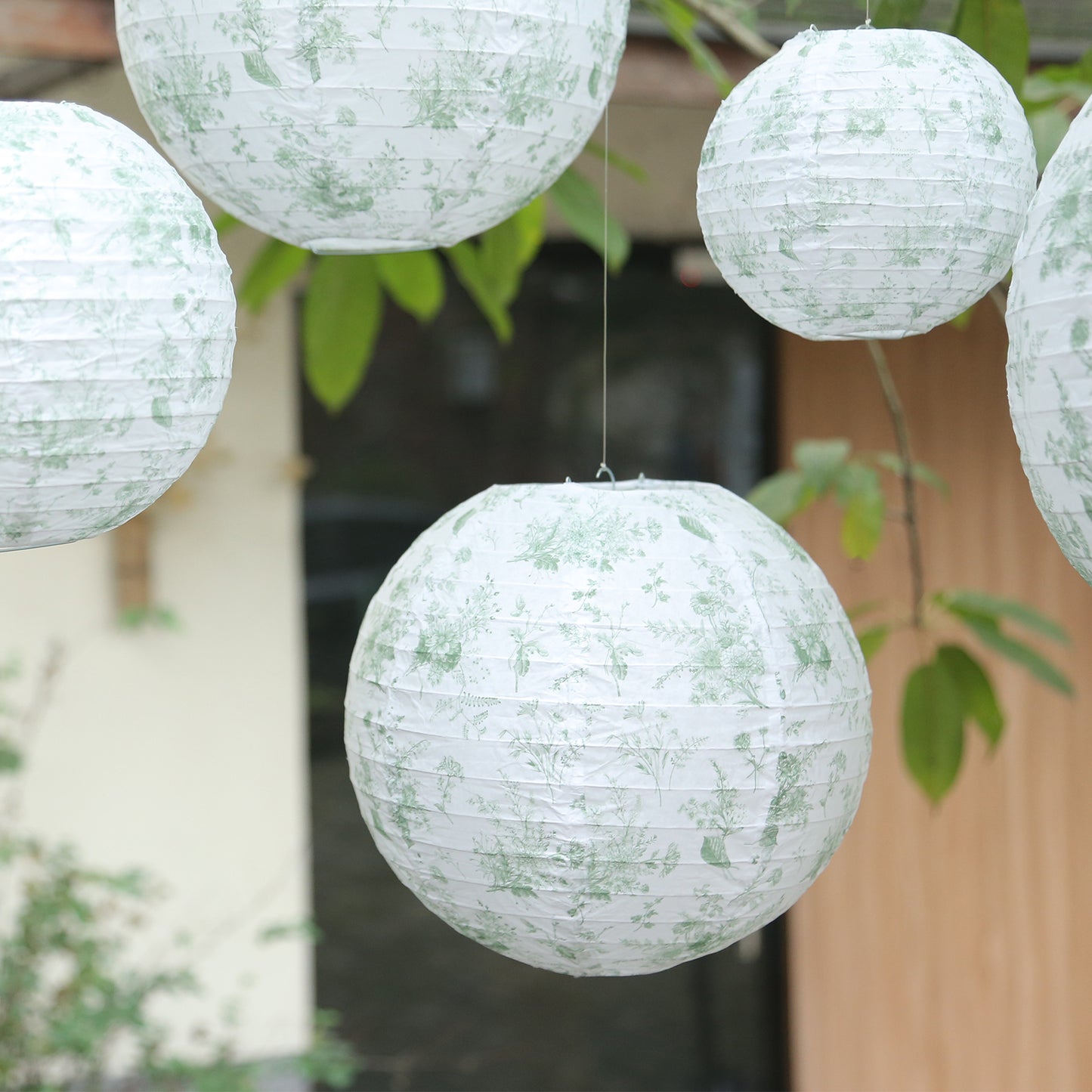Set of 8 White Sage Green Hanging Chinese Lanterns in French Toile Floral Pattern, Festival Paper Lanterns - 6",8",10",14"