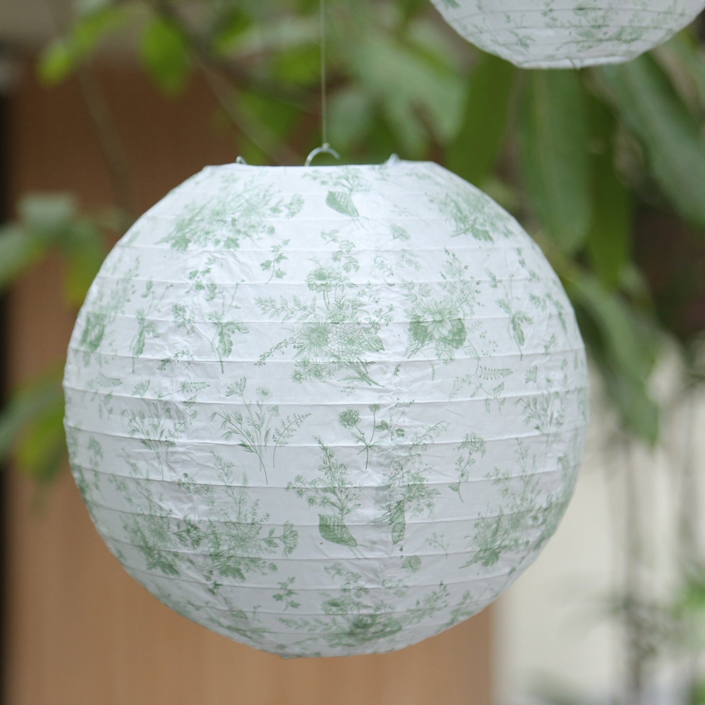 Set of 8 White Sage Green Hanging Chinese Lanterns in French Toile Floral Pattern, Festival Paper Lanterns - 6",8",10",14"