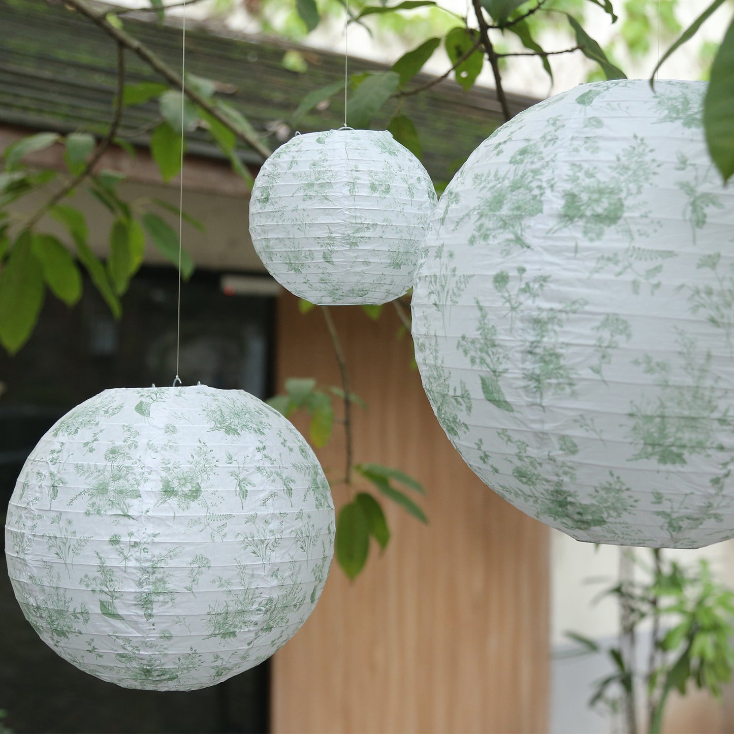 Set of 8 White Sage Green Hanging Chinese Lanterns in French Toile Floral Pattern, Festival Paper Lanterns - 6",8",10",14"