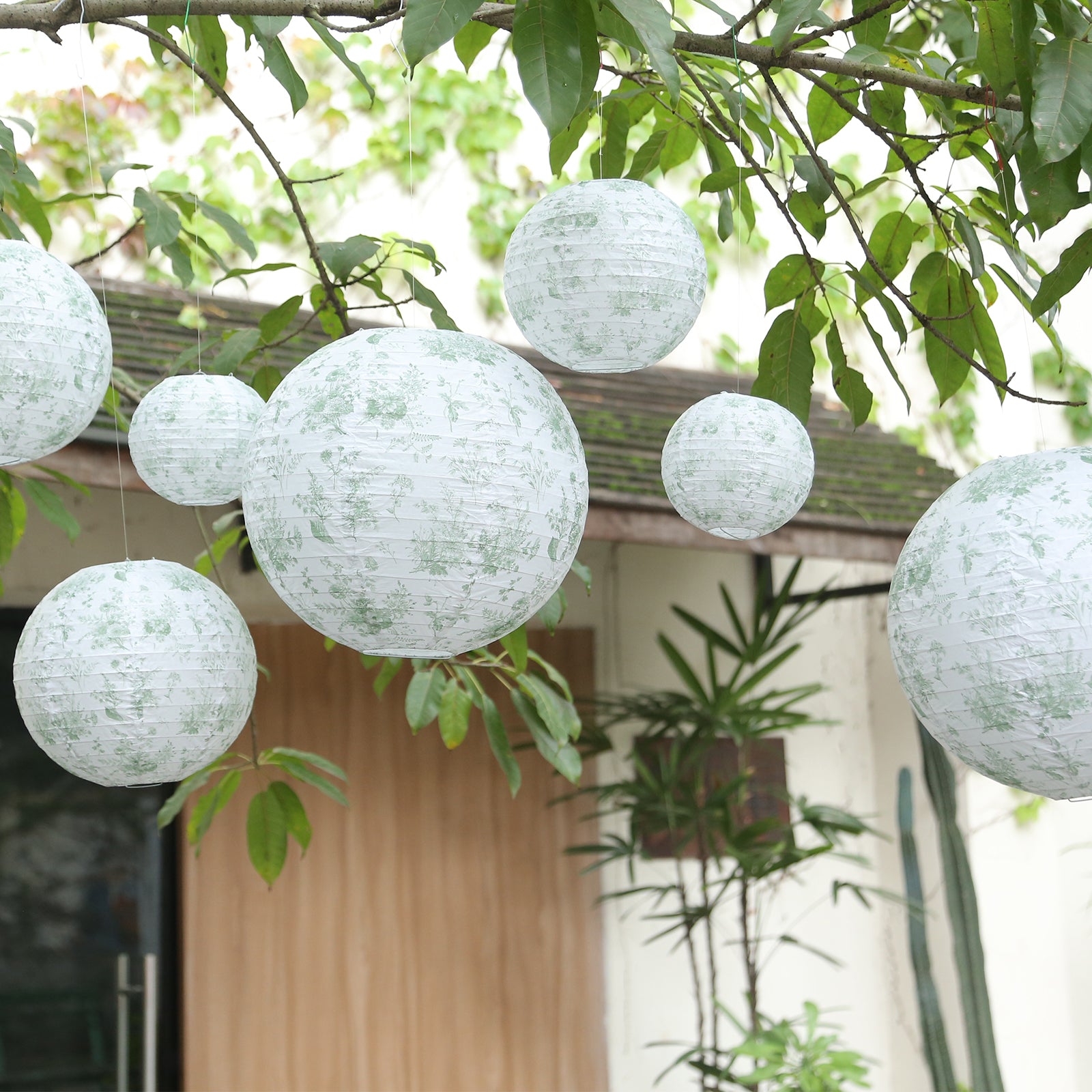 chinese hanging lantern plant Set Of 8 White Sage Green Hanging Chinese Lanterns In French Toile Floral Pattern, Festival Paper Lan