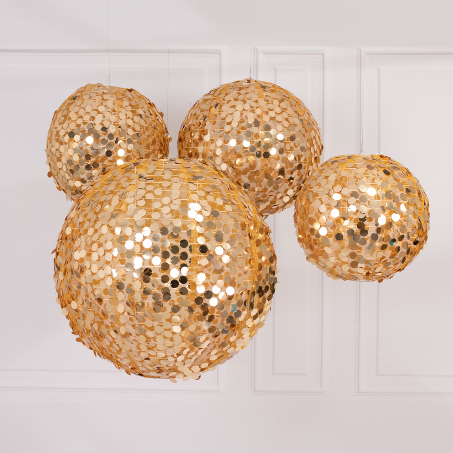 Set of 4 Glitter Gold Payette Sequin Hanging Lanterns, Large Decorative Round Foldable Fabric Chinese Lantern Lampshades - 12",14",16",20"