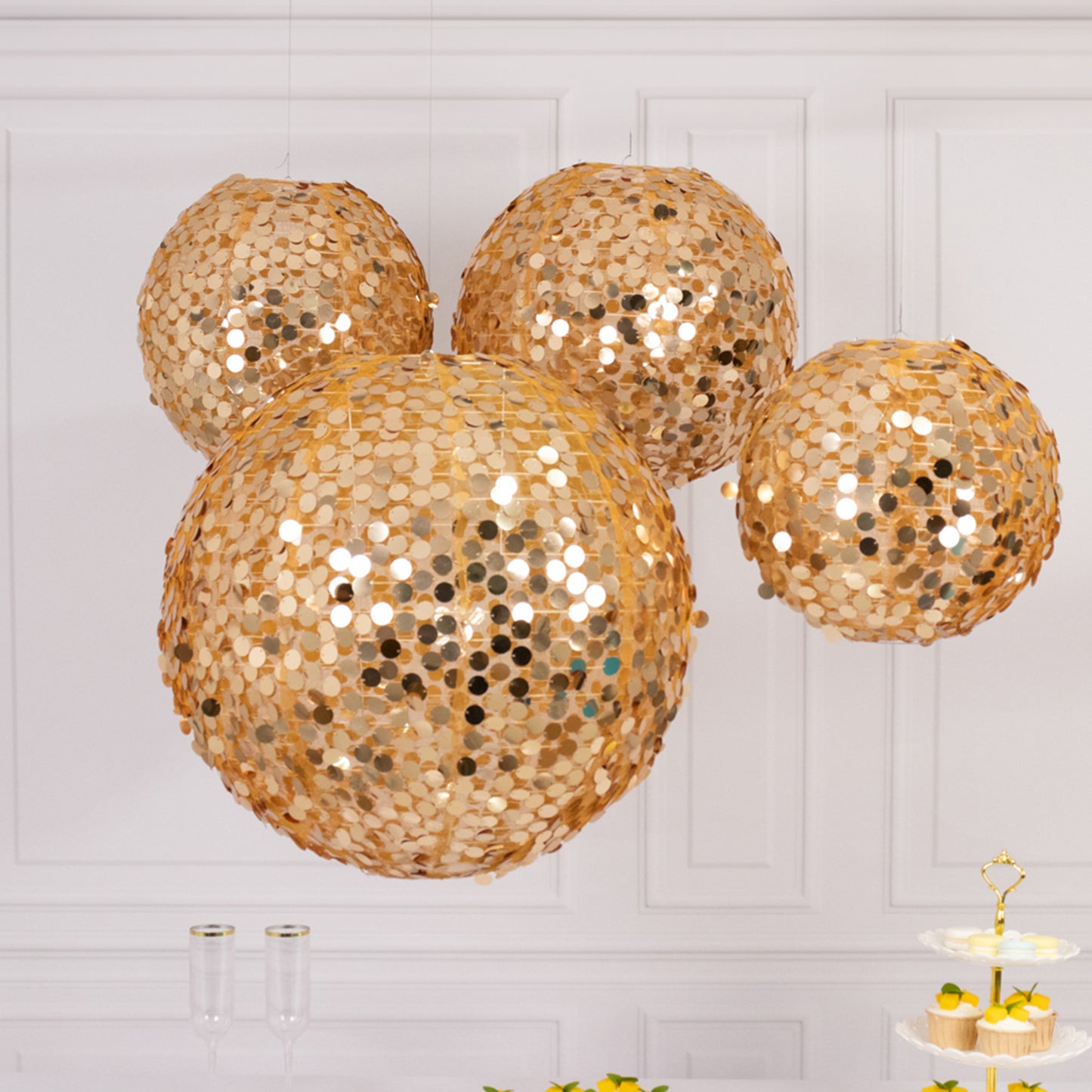Set of 4 Glitter Gold Payette Sequin Hanging Lanterns, Large Decorative Round Foldable Fabric Chinese Lantern Lampshades - 12",14",16",20"