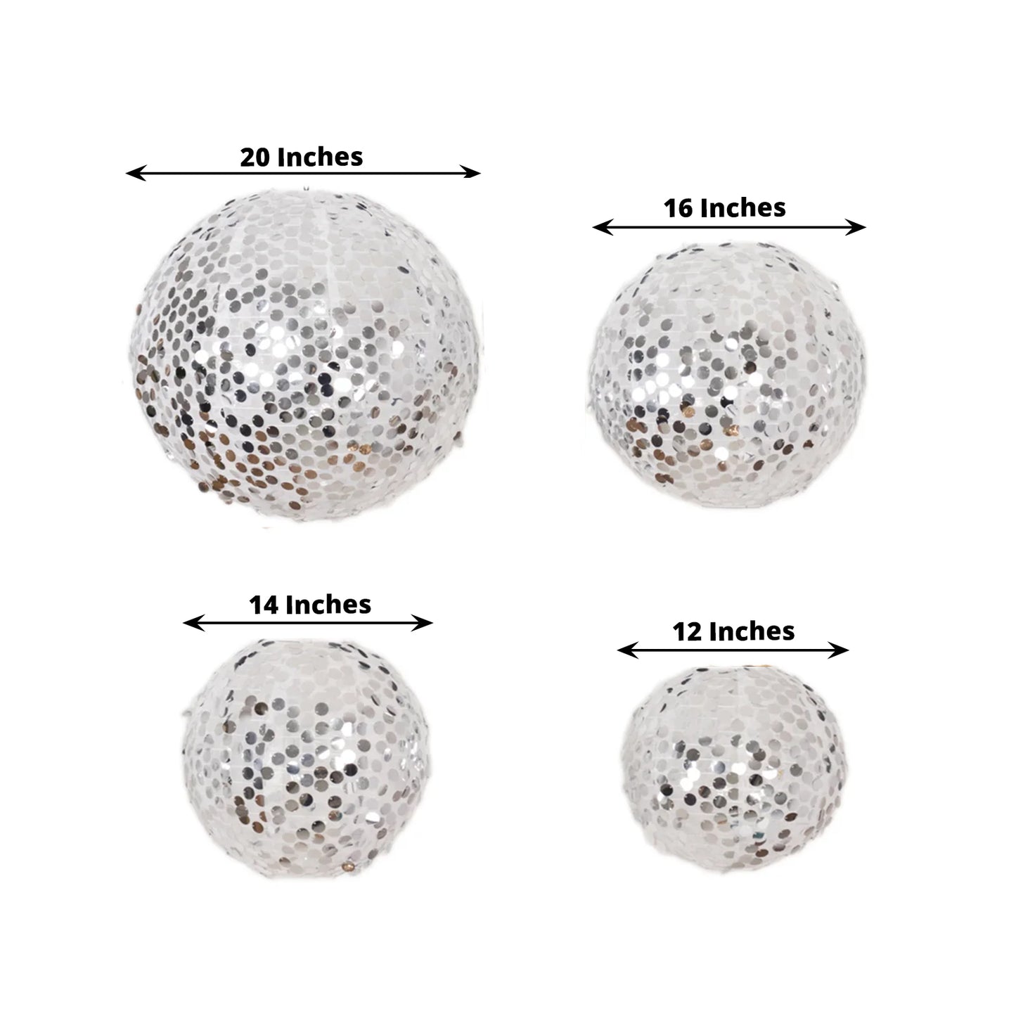 Set of 4 Glitter Silver Payette Sequin Hanging Lanterns, Large Decorative Round Foldable Fabric Chinese Lantern Lampshades - 12",14",16",20"