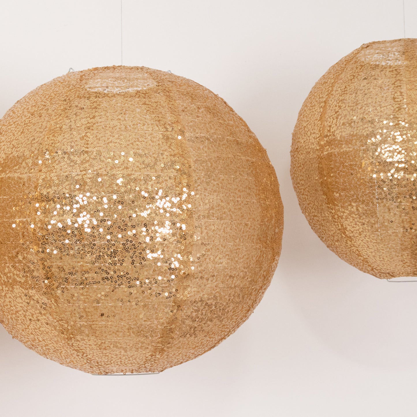 Set of 3 Glitter Gold Sequin Fabric Hanging Lanterns, Large Decorative Round Foldable Chinese Lantern Lampshades - 14",16",20"