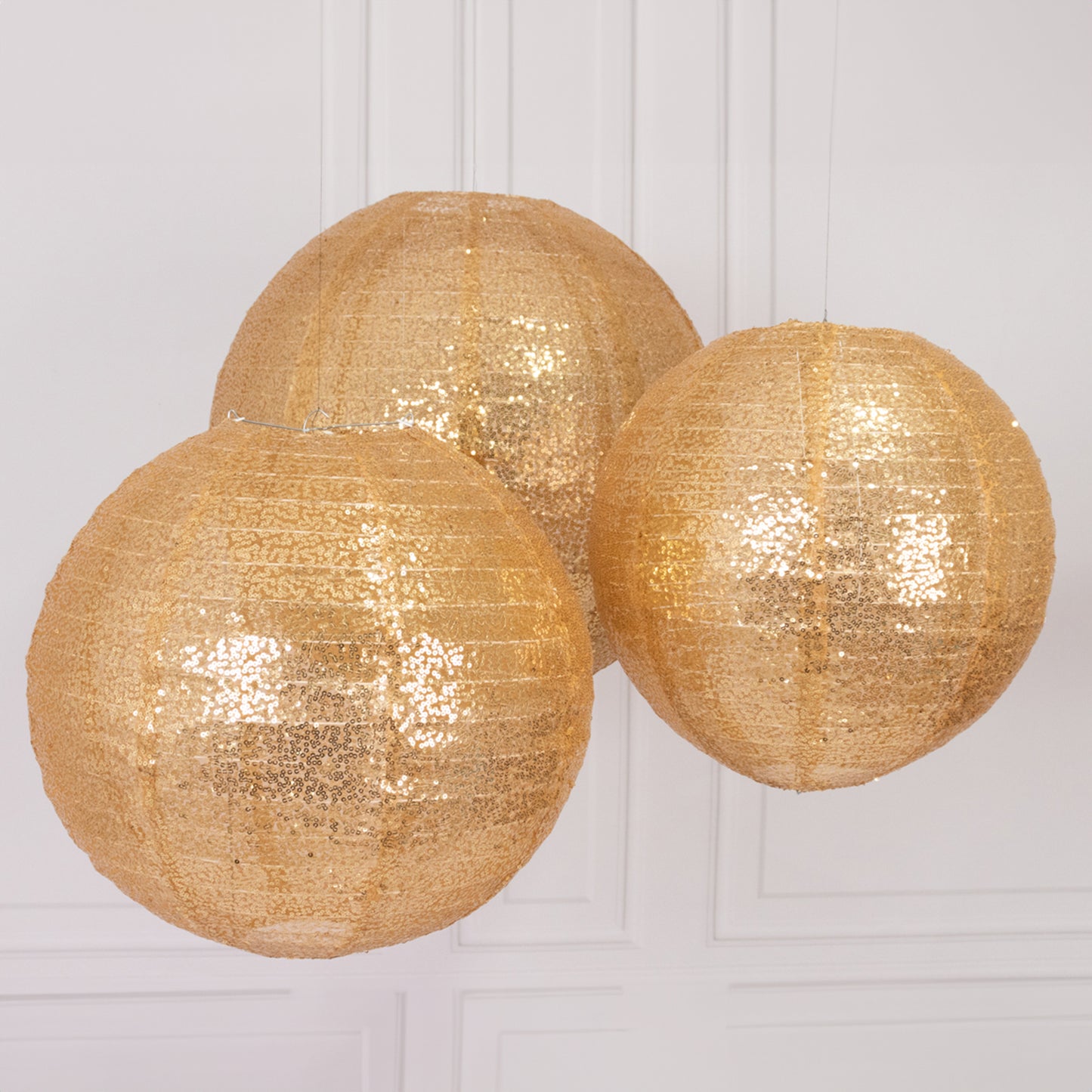 Set of 3 Glitter Gold Sequin Fabric Hanging Lanterns, Large Decorative Round Foldable Chinese Lantern Lampshades - 14",16",20"