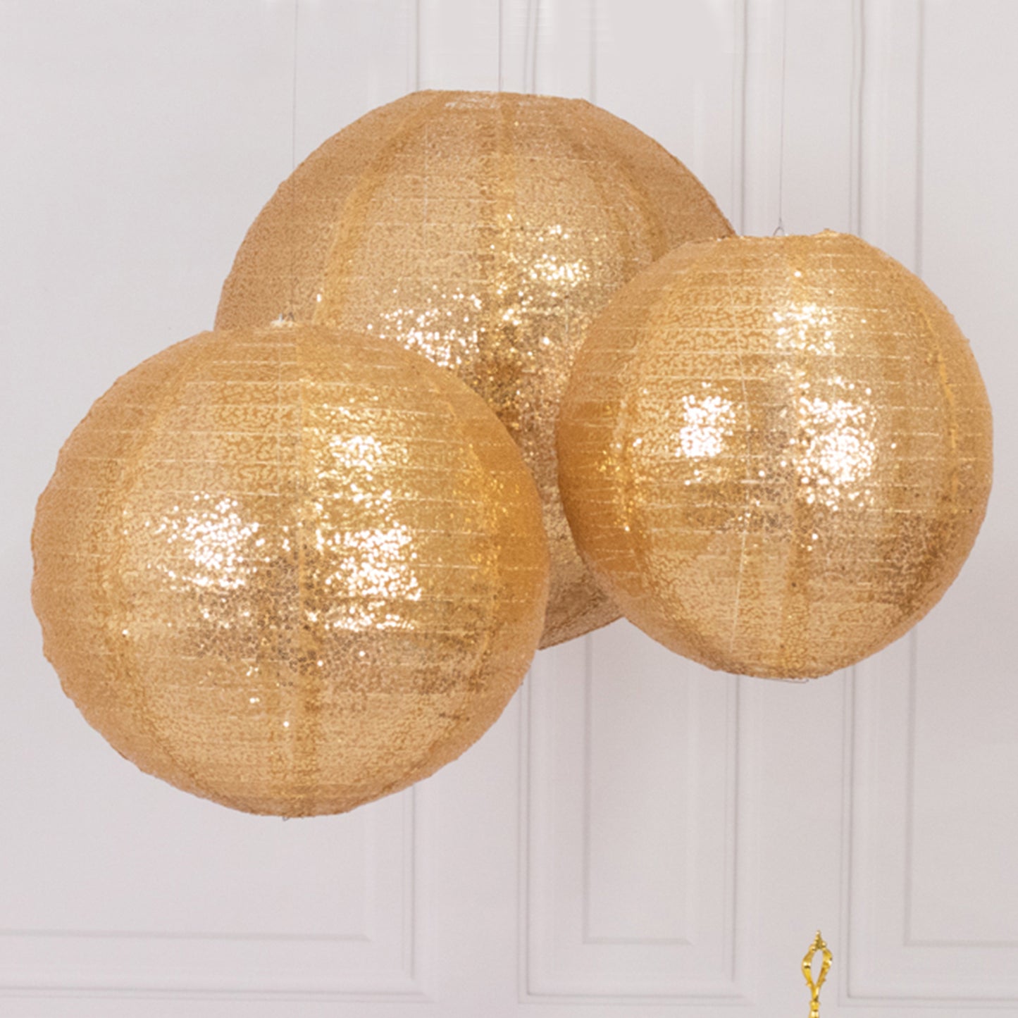 Set of 3 Glitter Gold Sequin Fabric Hanging Lanterns, Large Decorative Round Foldable Chinese Lantern Lampshades - 14",16",20"
