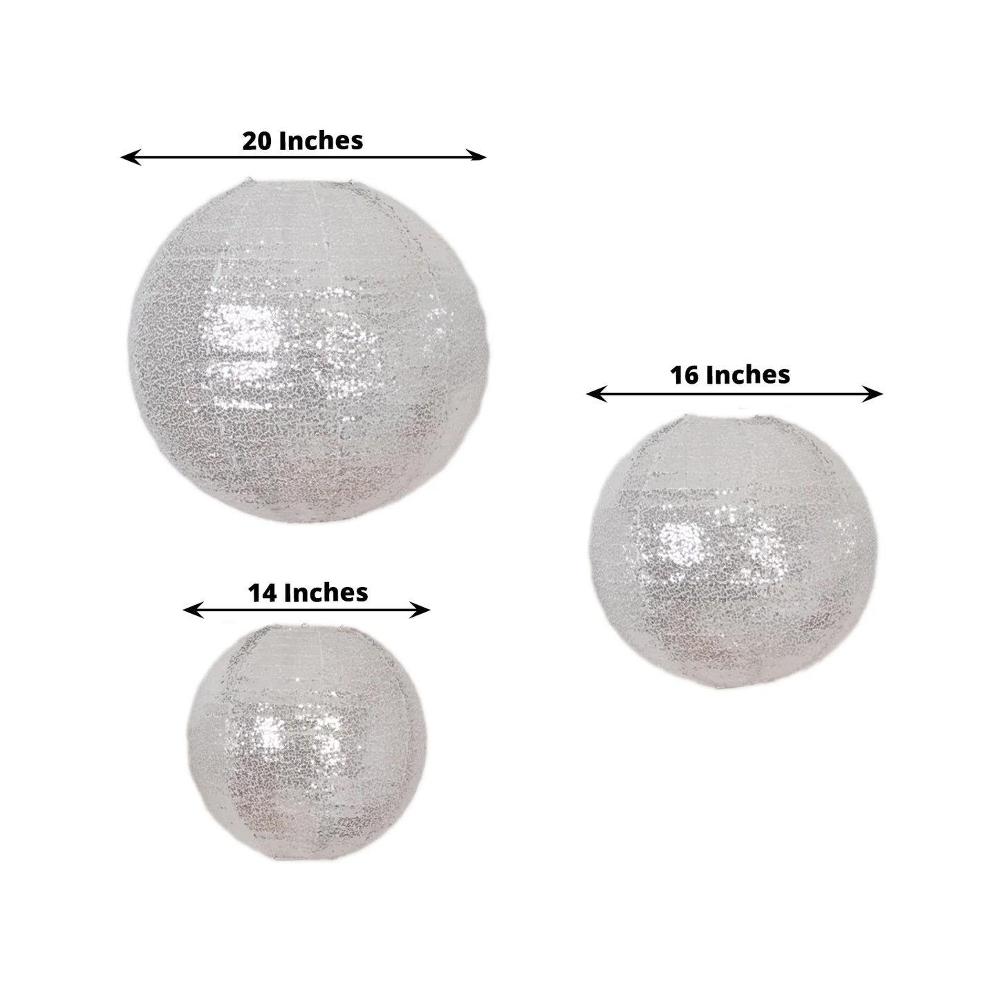 Set of 3 glitter silver sequin fabric hanging lanterns in various sizes.