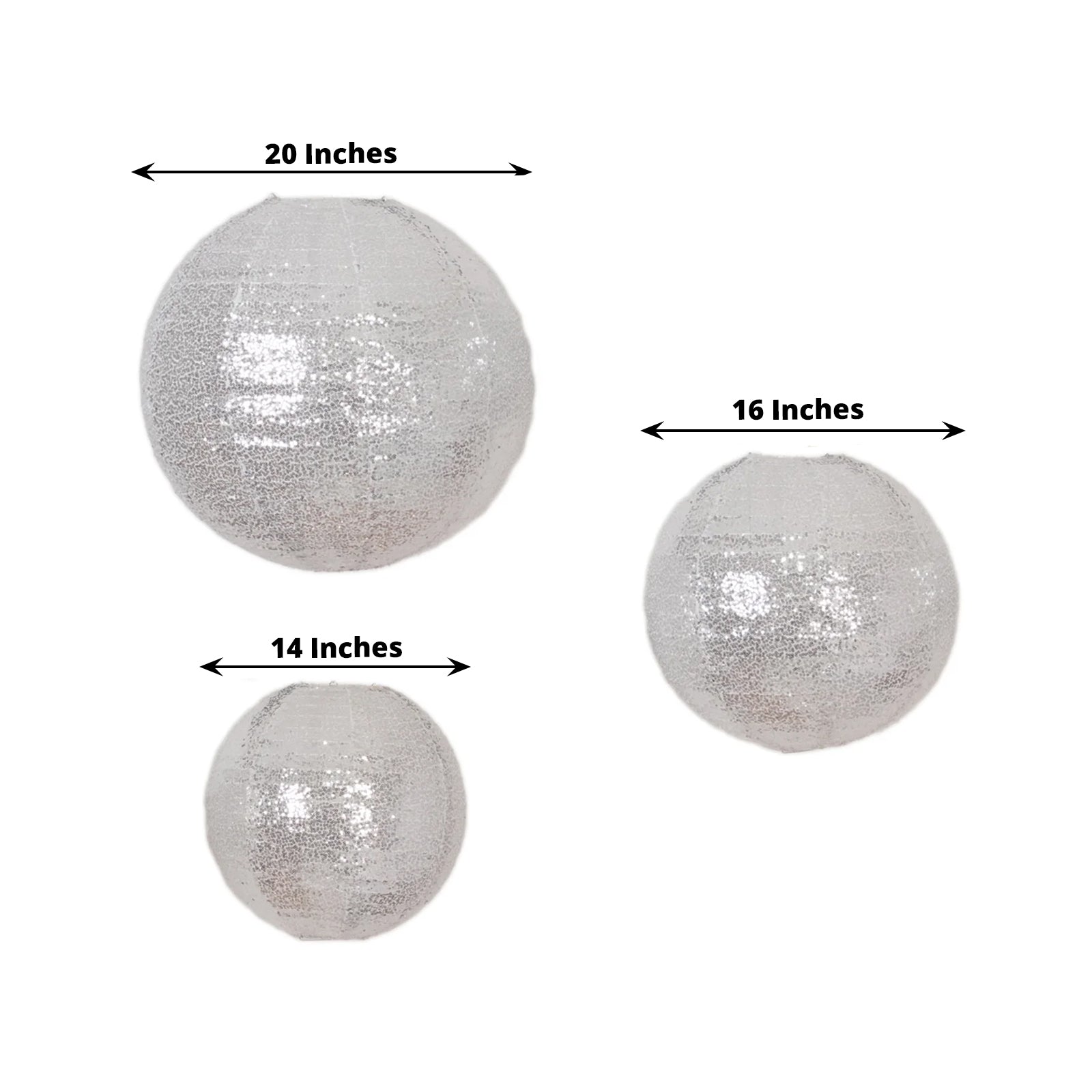 Set of 3 glitter silver sequin fabric hanging lanterns in various sizes.