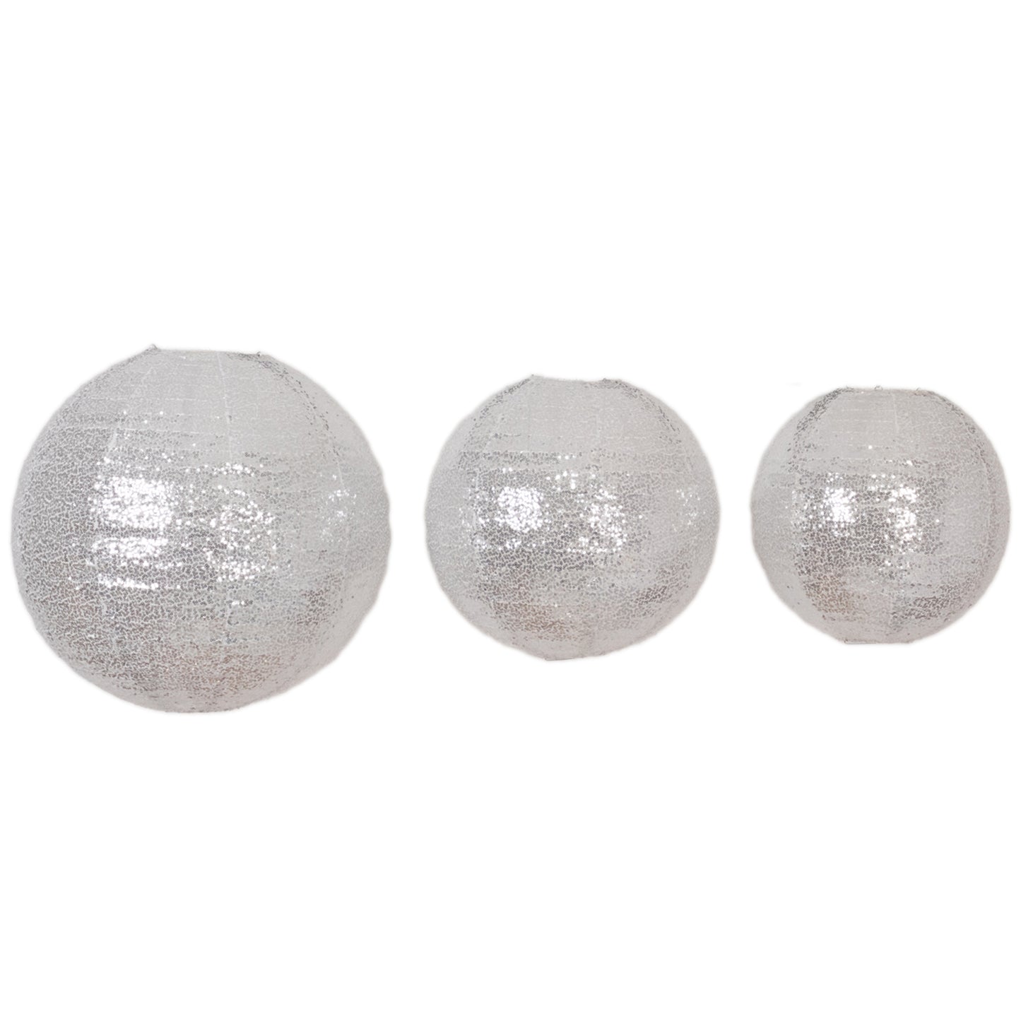 Set of 3 glitter silver sequin fabric hanging lanterns in round shapes.