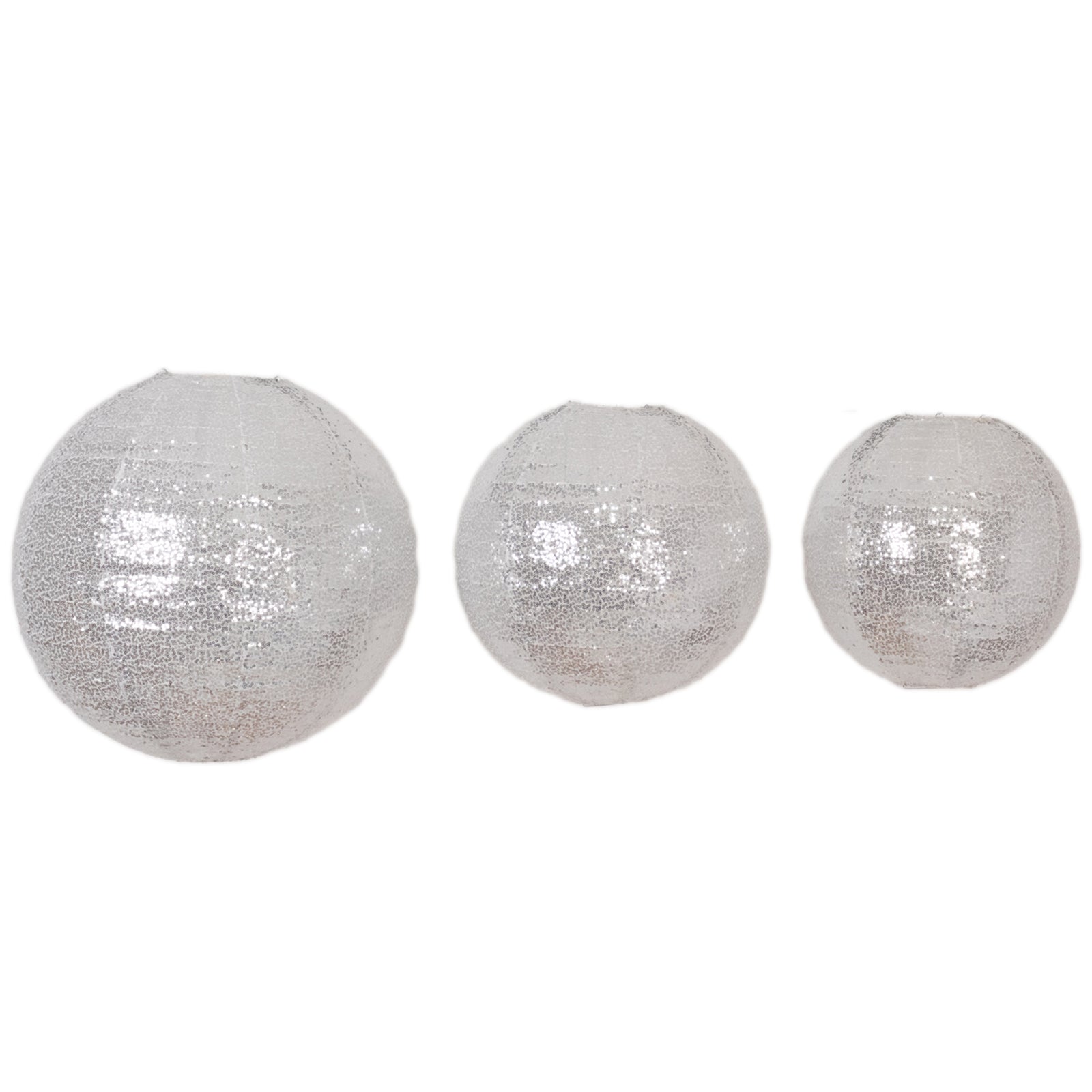 Set of 3 glitter silver sequin fabric hanging lanterns in round shapes.