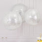 Glitter silver sequin fabric hanging lanterns in three sizes: 14", 16", and 20".