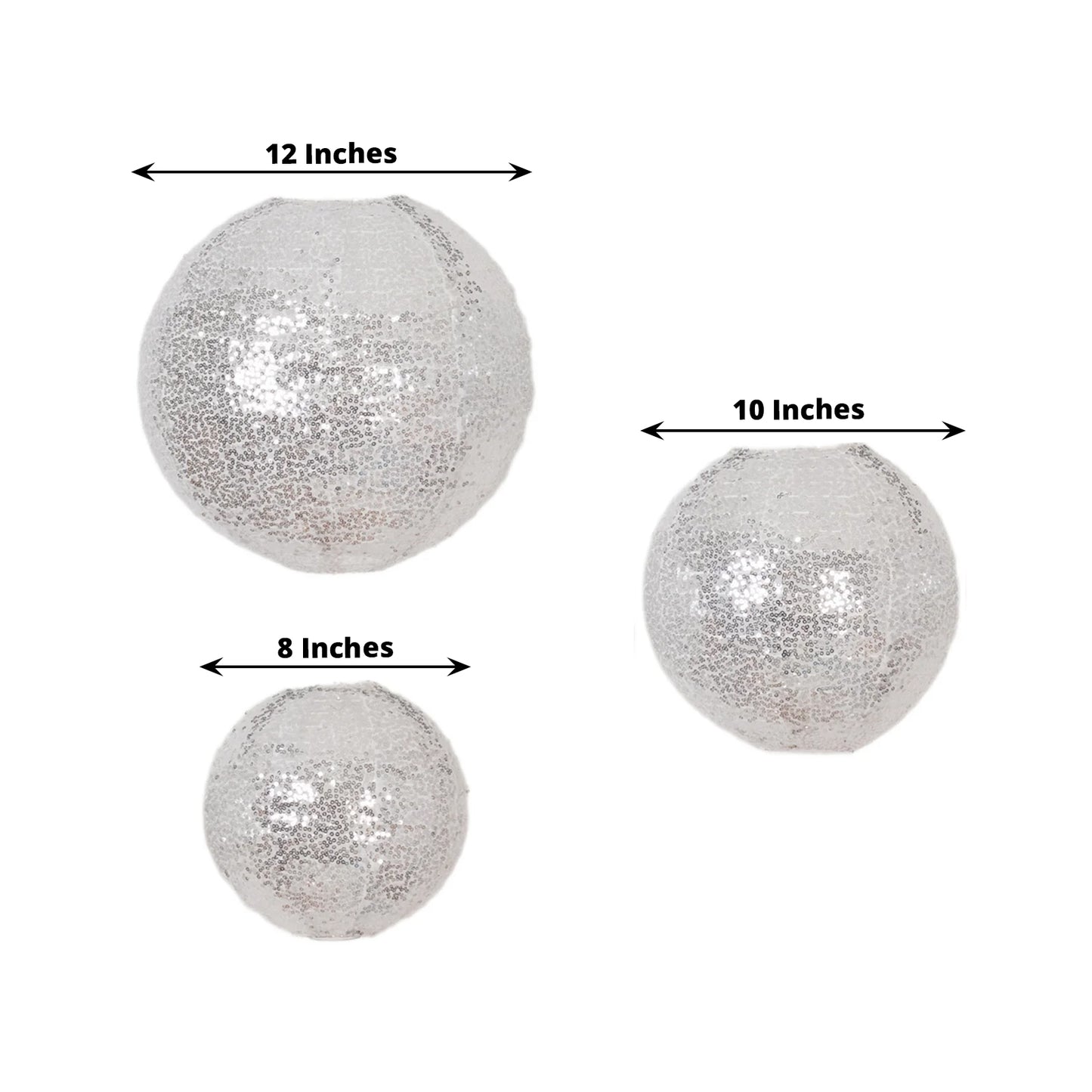 Set of 3 Glitter Silver Sequin Fabric Hanging Lanterns, Decorative Round Foldable Chinese Lantern Lampshades - 8",10",12"