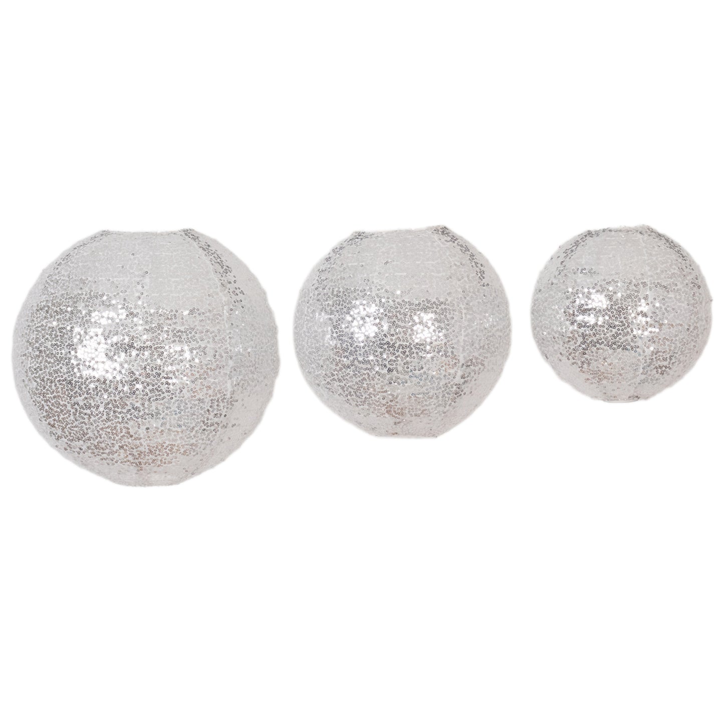 Set of 3 Glitter Silver Sequin Fabric Hanging Lanterns, Decorative Round Foldable Chinese Lantern Lampshades - 8",10",12"