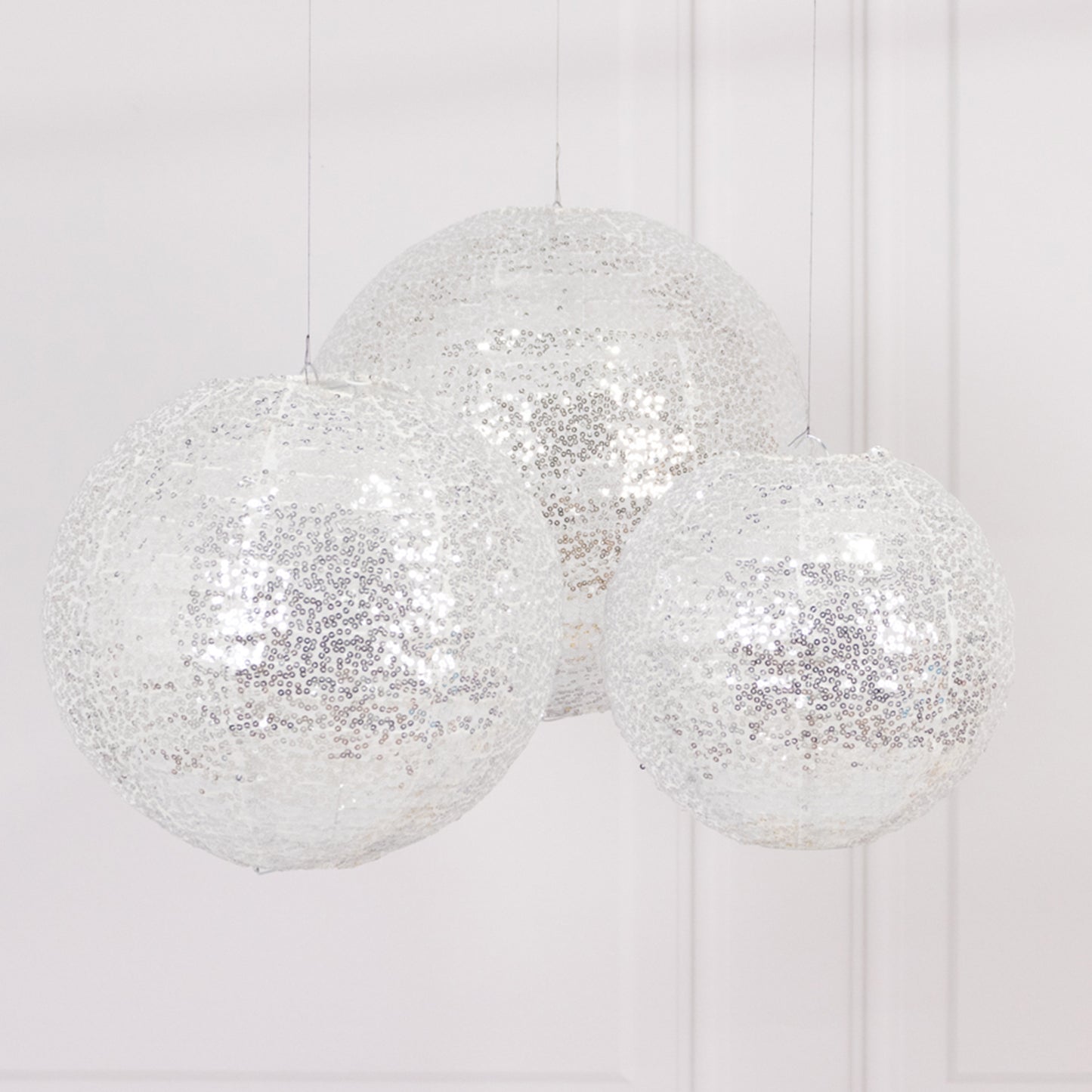 Set of 3 Glitter Silver Sequin Fabric Hanging Lanterns, Decorative Round Foldable Chinese Lantern Lampshades - 8",10",12"