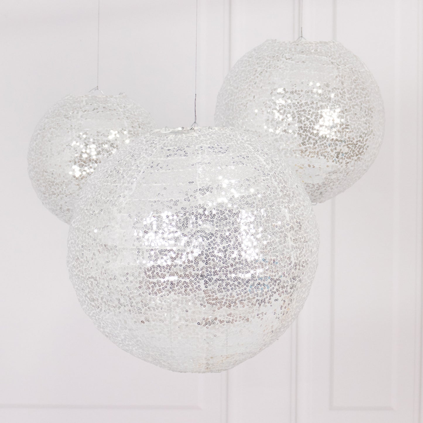Set of 3 Glitter Silver Sequin Fabric Hanging Lanterns, Decorative Round Foldable Chinese Lantern Lampshades - 8",10",12"