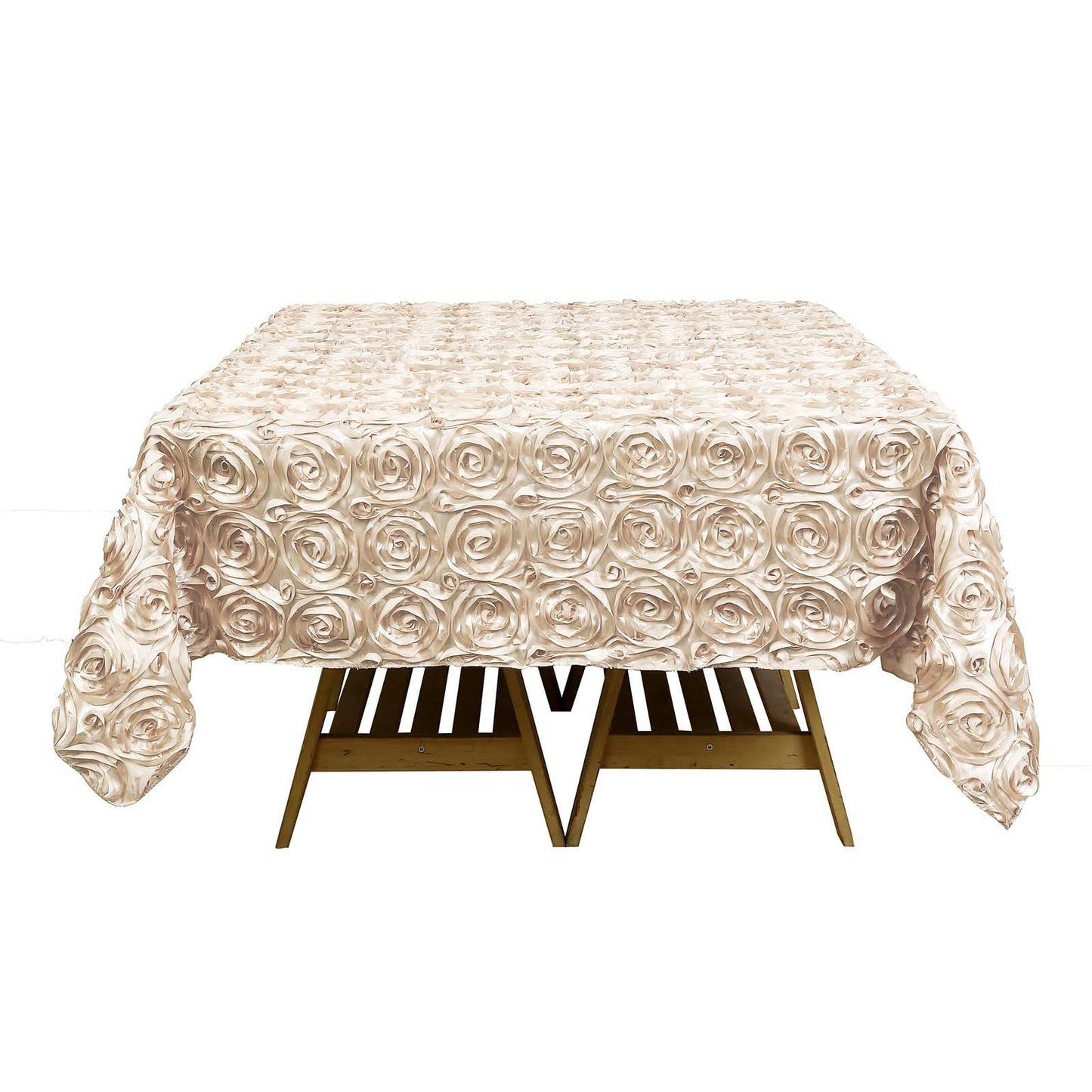 72 Inch X 72 Inch Beige Square Satin Tablecloth With 3D Rosette Design