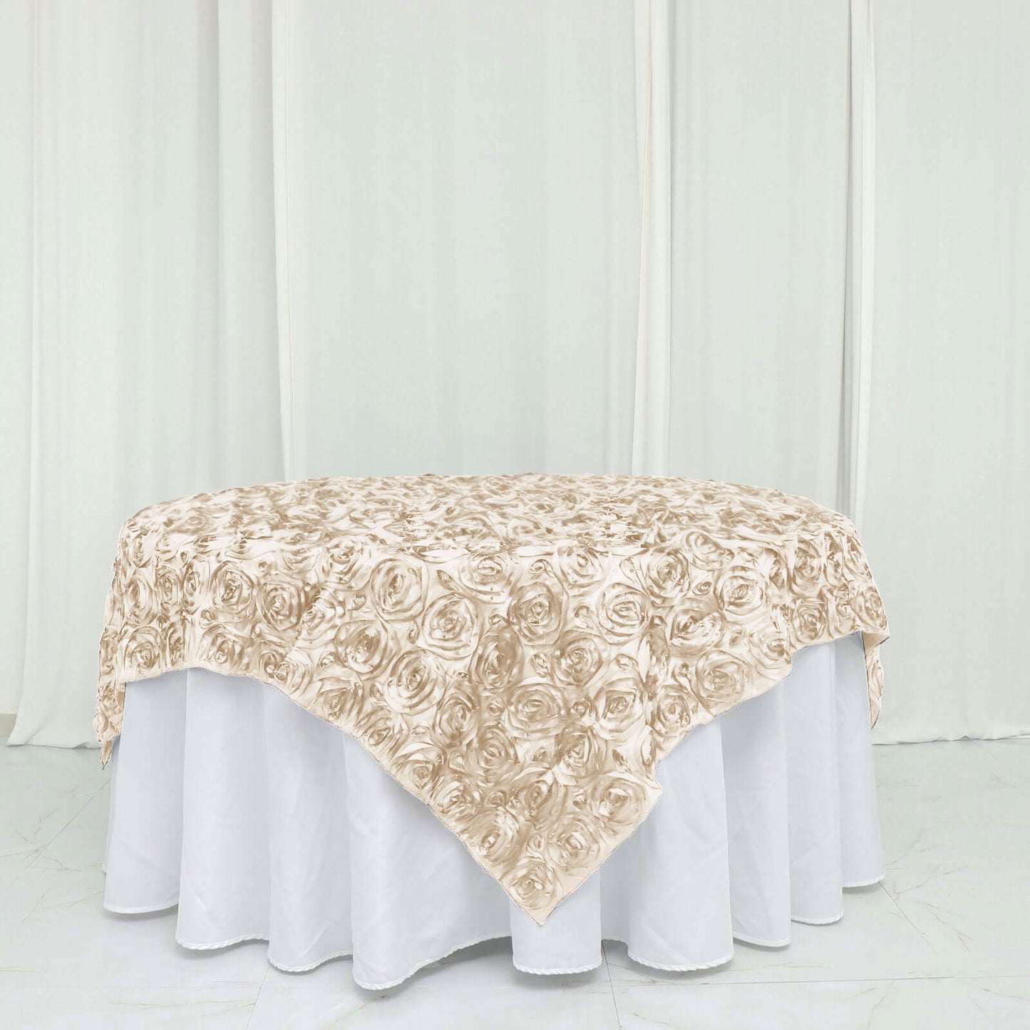 72"x72" Beige 3D Rosette Satin Table Overlay, Square Tablecloth Topper