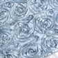 Dusty blue 3D rosette satin table overlay for elegant table settings.