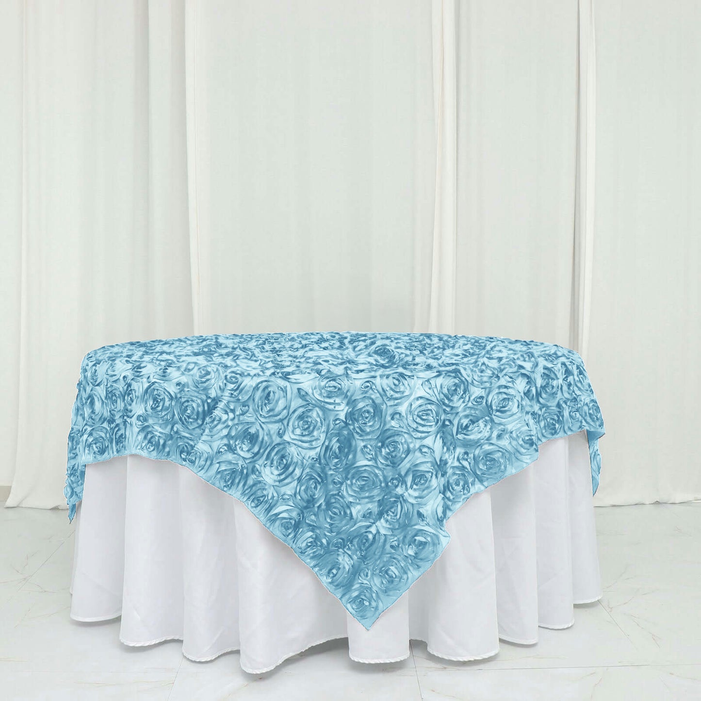 72"x72" Light Blue 3D Rosette Satin Square Table Overlay