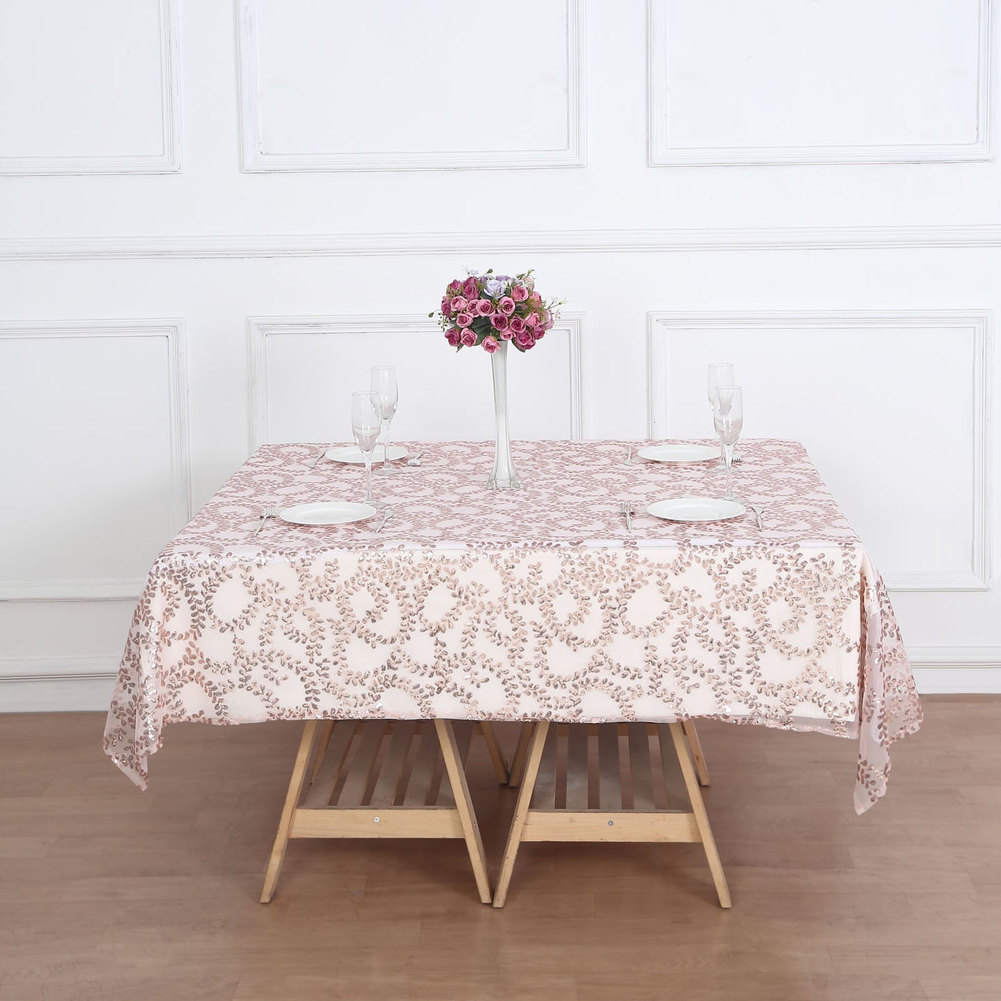 72"x72" Rose Gold Sequin Leaf Embroidered Tulle Table Overlay, Square Sheer Table Topper