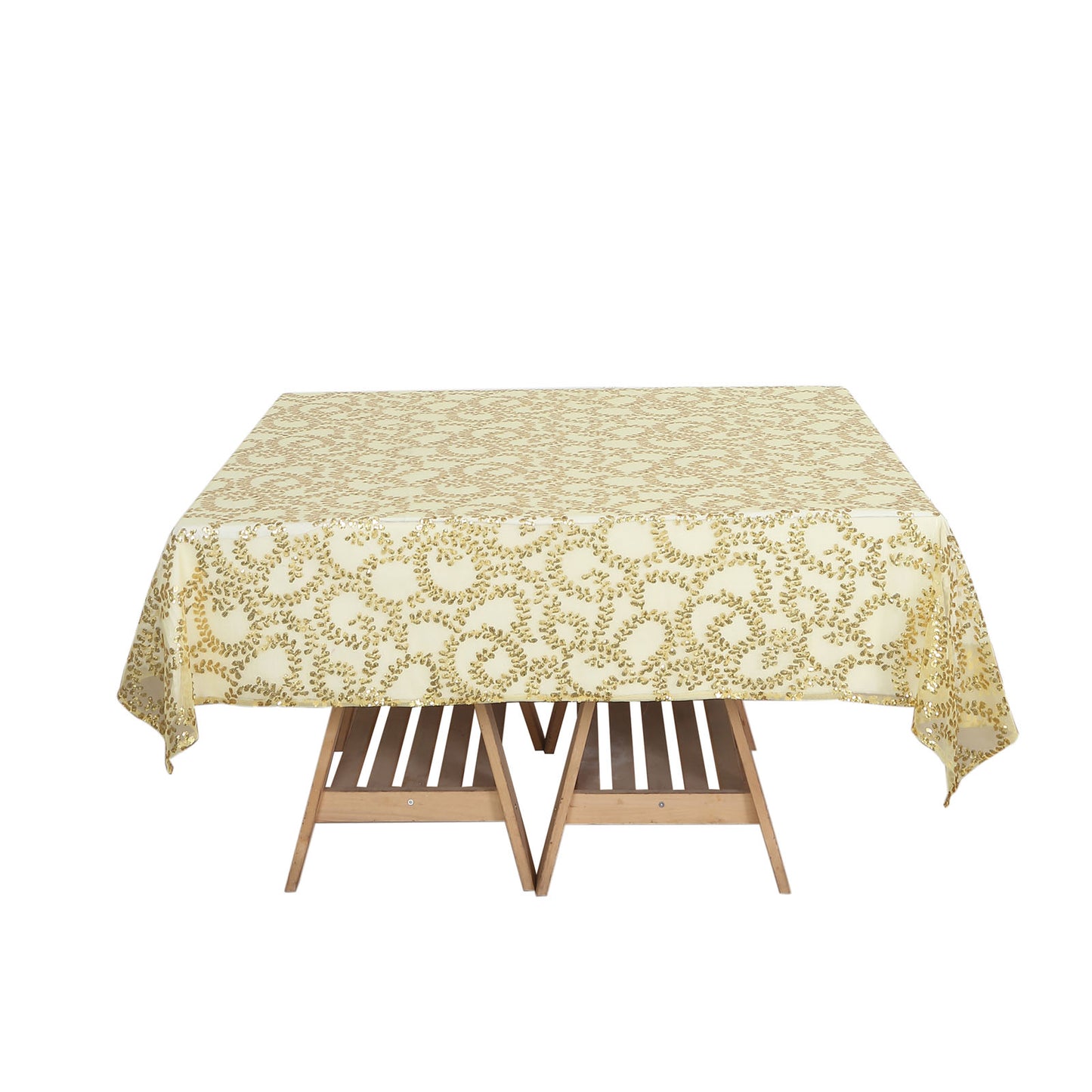 72"x72" Gold Sequin Leaf Embroidered Tulle Table Overlay, Square Sheer Table Topper