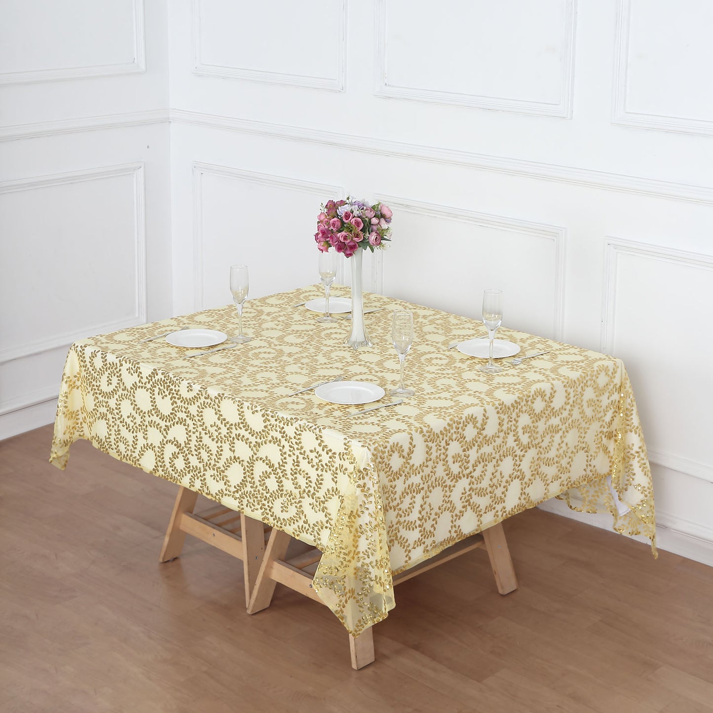 72"x72" Gold Sequin Leaf Embroidered Tulle Table Overlay, Square Sheer Table Topper