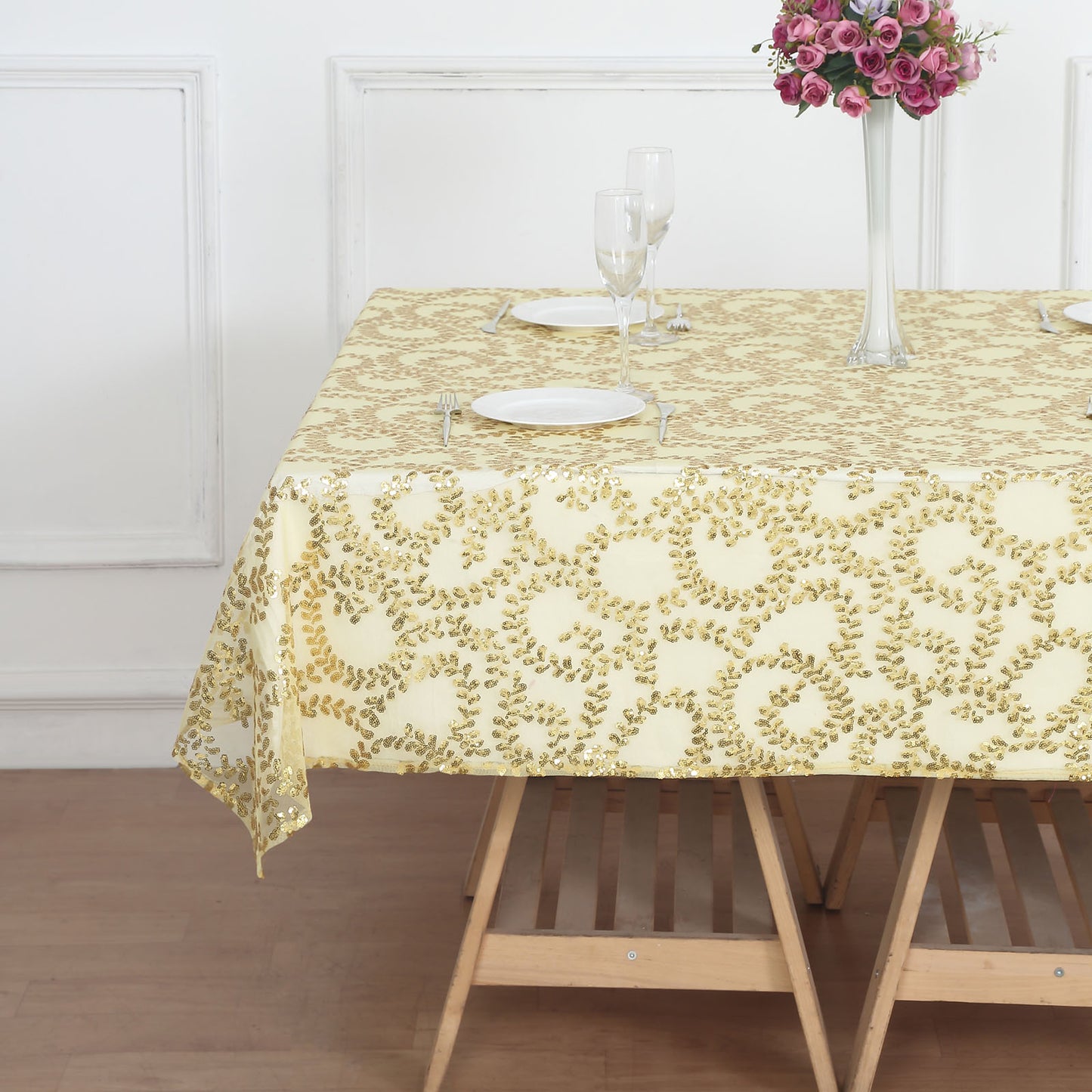 72"x72" Gold Sequin Leaf Embroidered Tulle Table Overlay, Square Sheer Table Topper