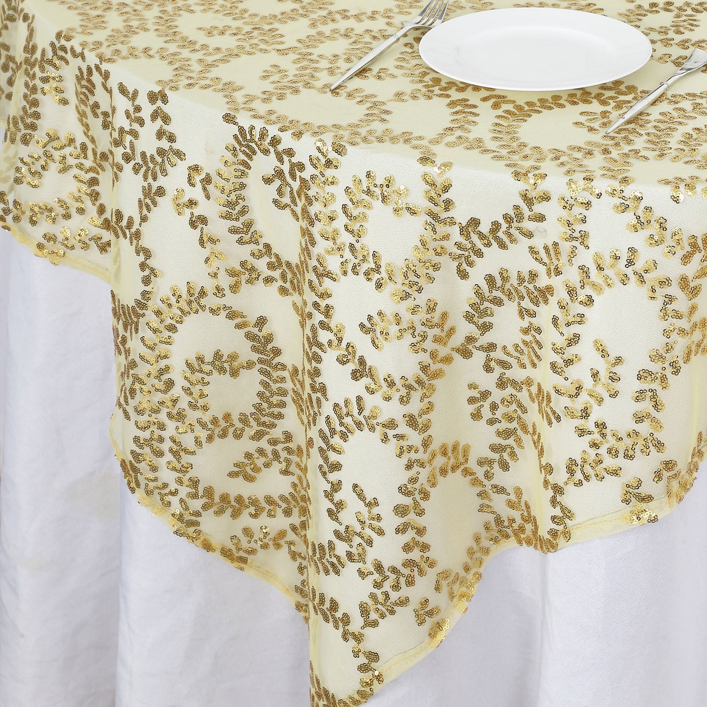 72"x72" Gold Sequin Leaf Embroidered Tulle Table Overlay, Square Sheer Table Topper