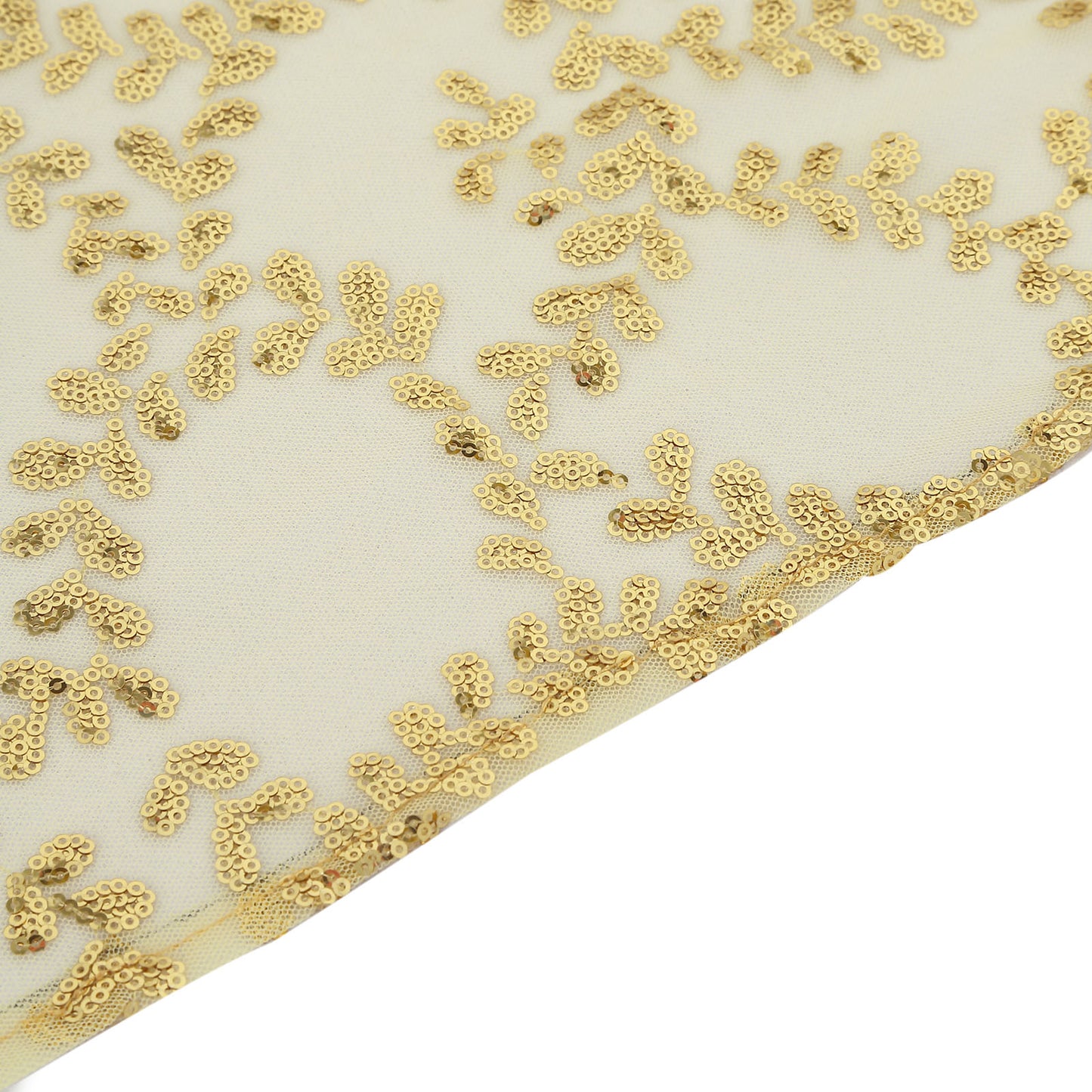 72"x72" Gold Sequin Leaf Embroidered Tulle Table Overlay, Square Sheer Table Topper