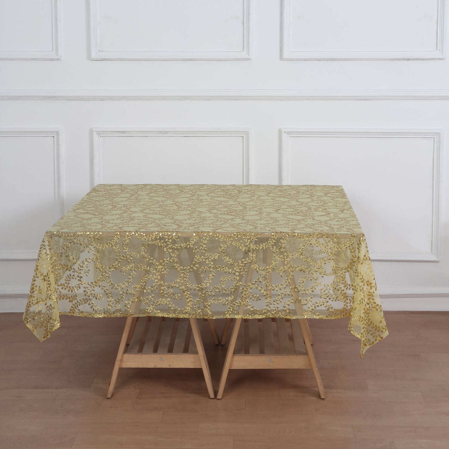 72"x72" Gold Sequin Leaf Embroidered Tulle Table Overlay, Square Sheer Table Topper
