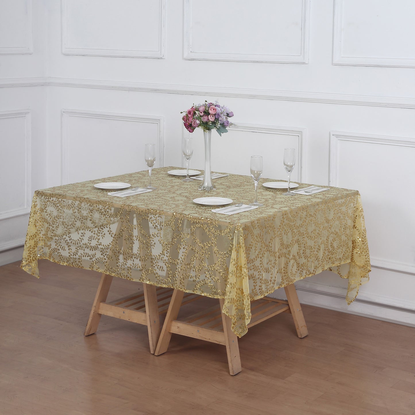 72"x72" Gold Sequin Leaf Embroidered Tulle Table Overlay, Square Sheer Table Topper