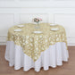 72"x72" Gold Sequin Leaf Embroidered Tulle Table Overlay, Square Sheer Table Topper