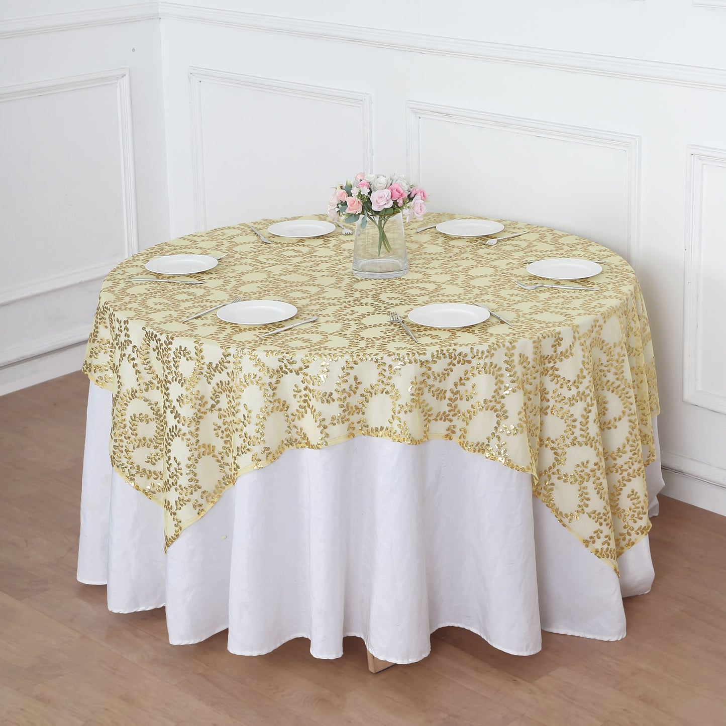 72"x72" Gold Sequin Leaf Embroidered Tulle Table Overlay, Square Sheer Table Topper