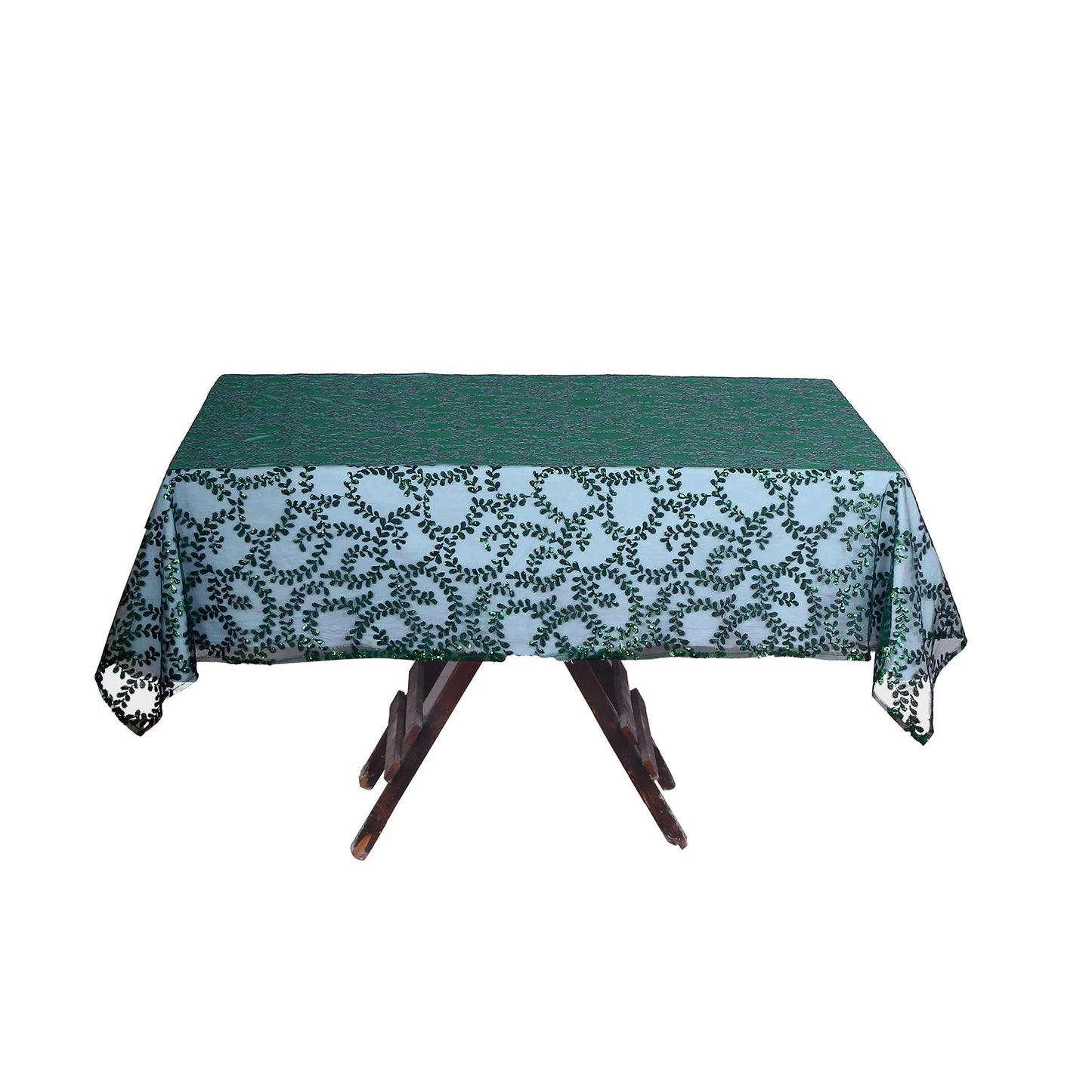 72"x72" Hunter Emerald Green Sequin Leaf Embroidered Tulle Table Overlay, Square Sheer Table Topper