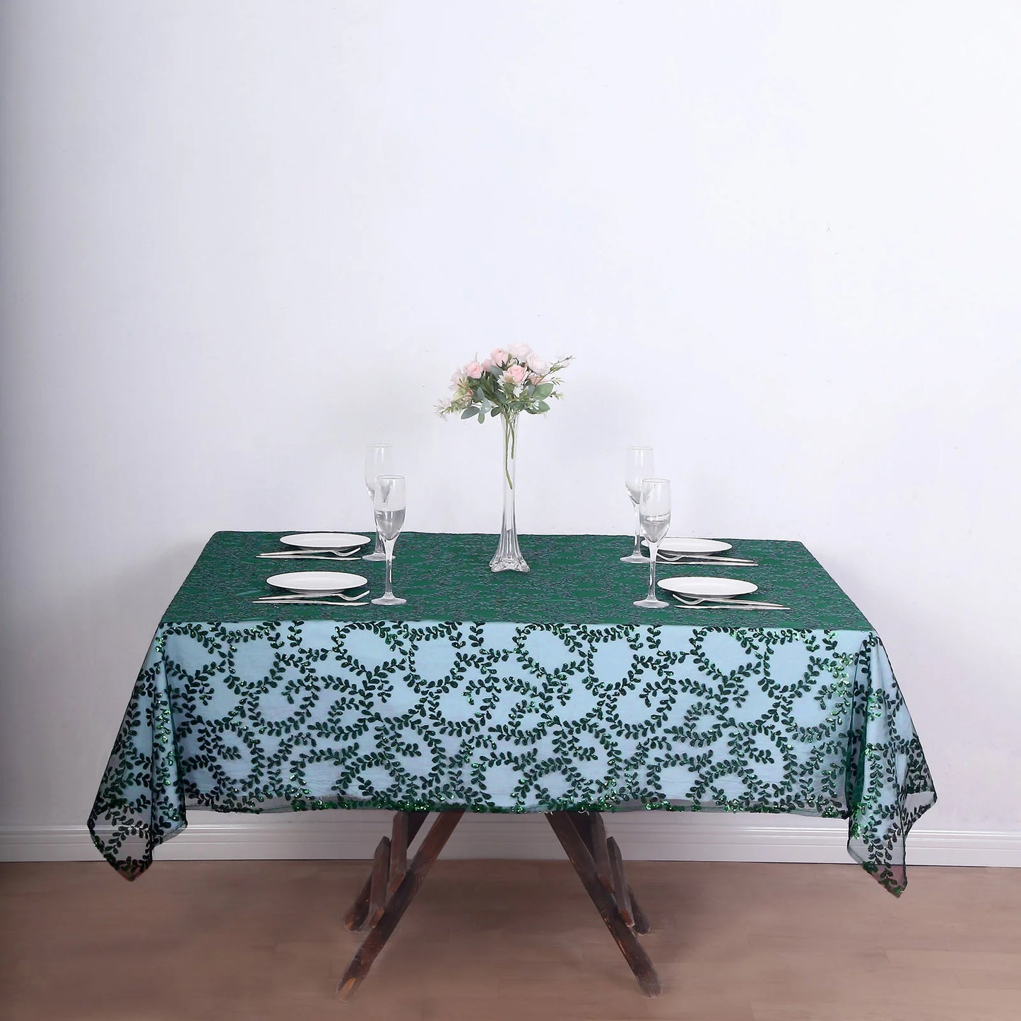 72"x72" Hunter Emerald Green Sequin Leaf Embroidered Tulle Table Overlay, Square Sheer Table Topper
