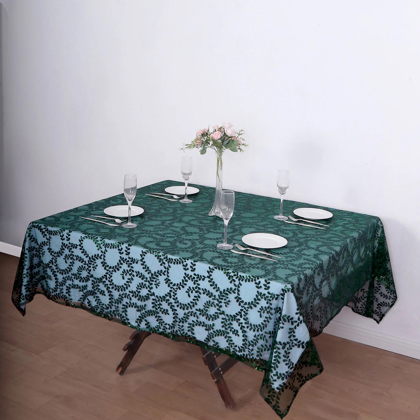 72"x72" Hunter Emerald Green Sequin Leaf Embroidered Tulle Table Overlay, Square Sheer Table Topper