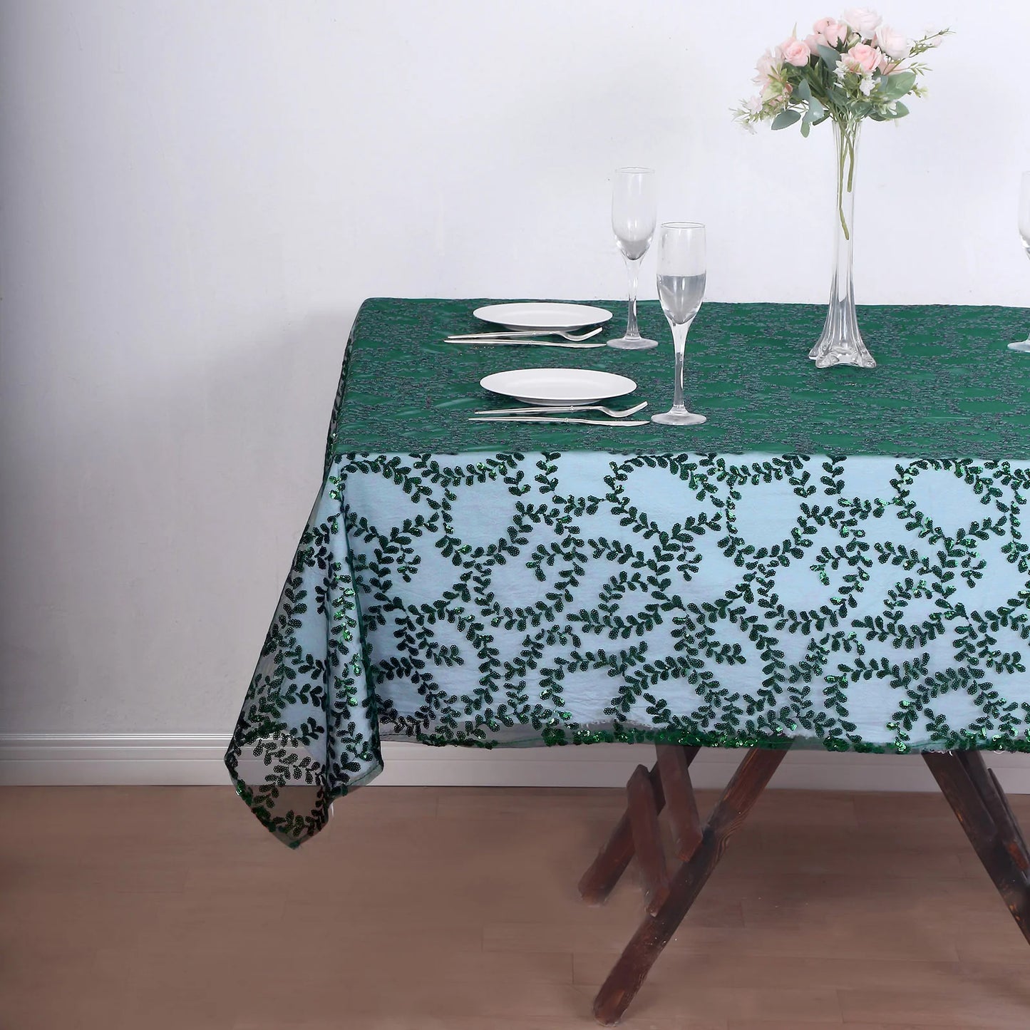 72"x72" Hunter Emerald Green Sequin Leaf Embroidered Tulle Table Overlay, Square Sheer Table Topper