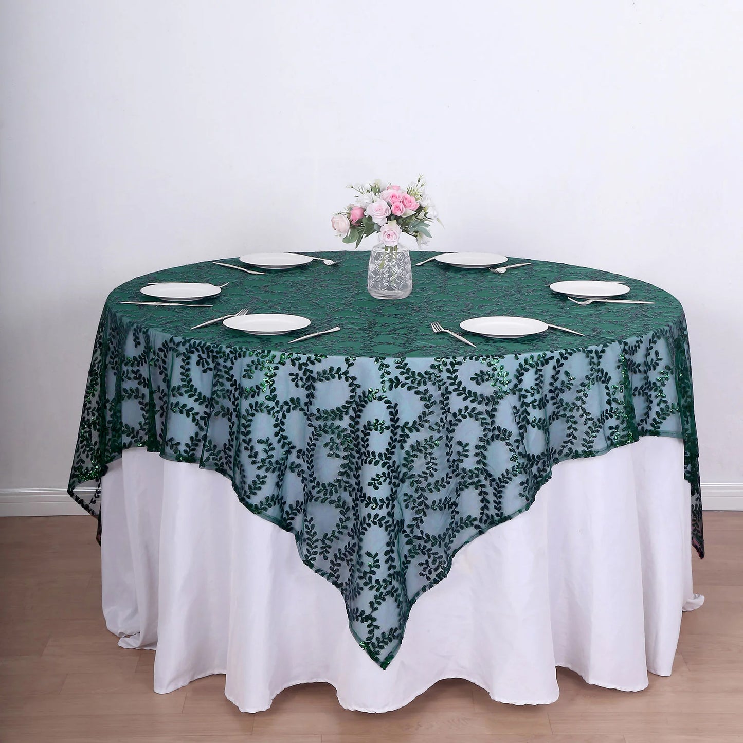 72"x72" Hunter Emerald Green Sequin Leaf Embroidered Tulle Table Overlay, Square Sheer Table Topper