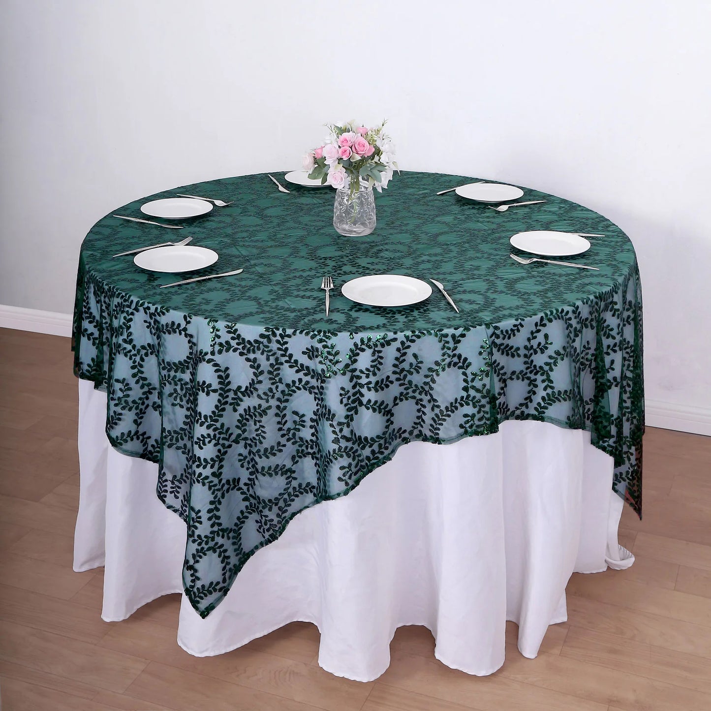 72"x72" Hunter Emerald Green Sequin Leaf Embroidered Tulle Table Overlay, Square Sheer Table Topper