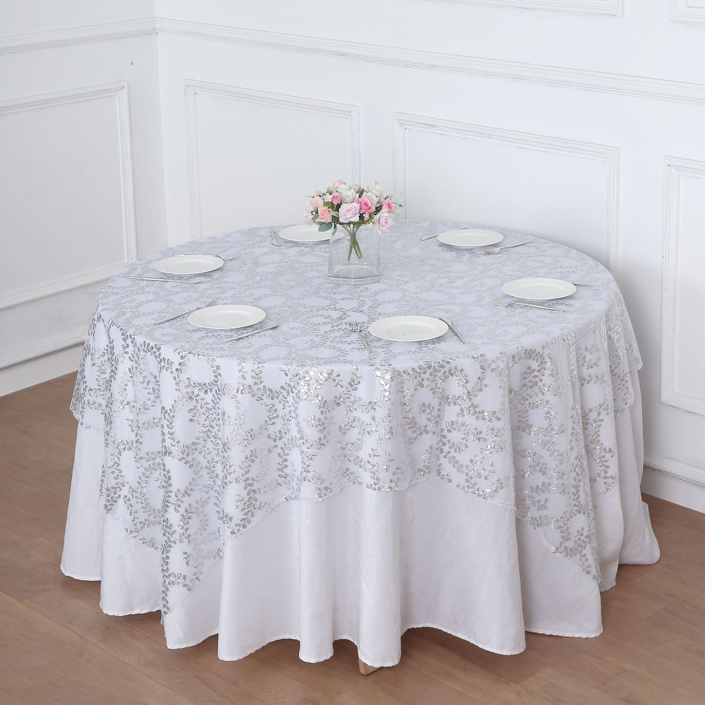 72"x72" Silver Sequin Leaf Embroidered Tulle Table Overlay, Square Sheer Table Topper