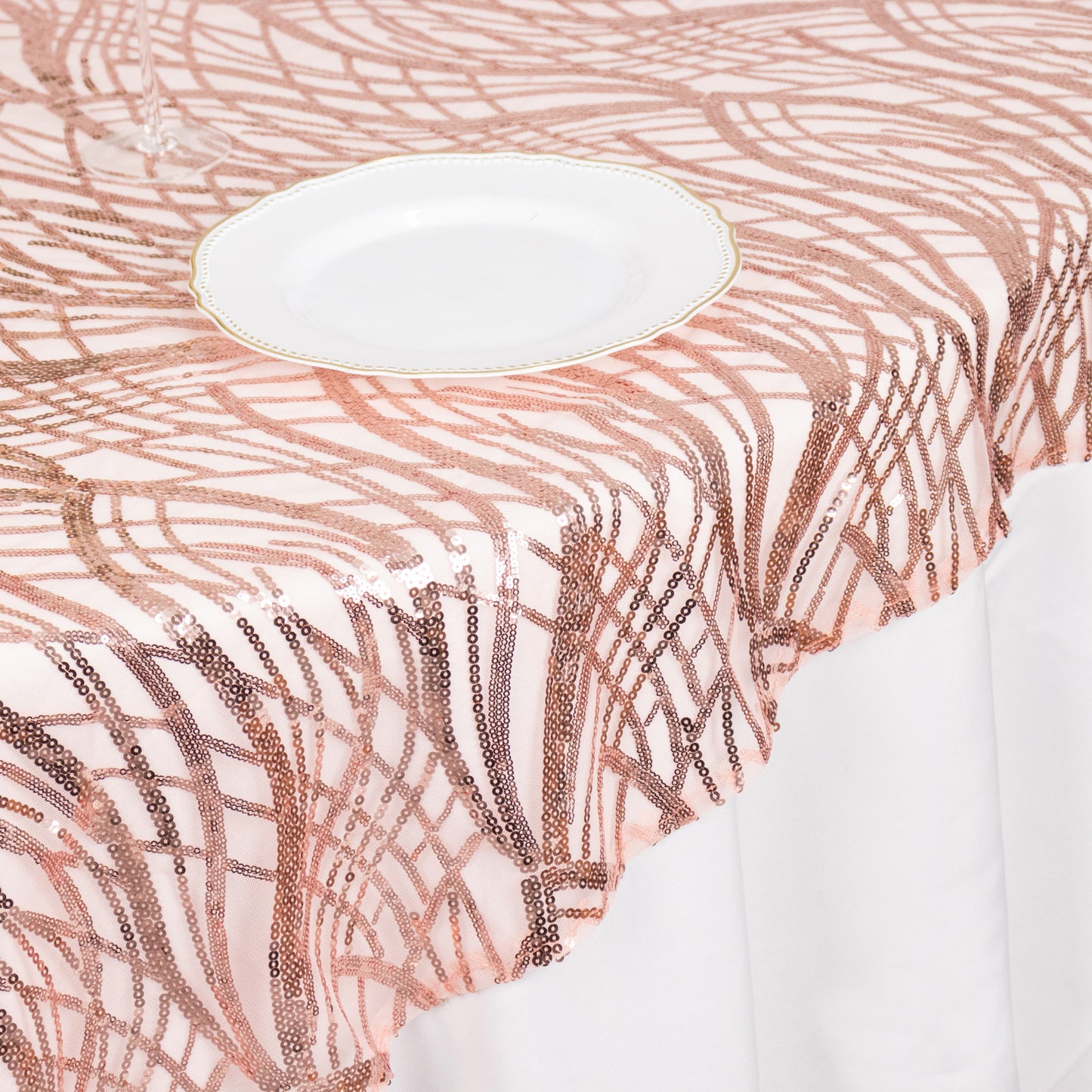 72"x72" Blush Wave Mesh Square Table Overlay With Embroidered Sequins