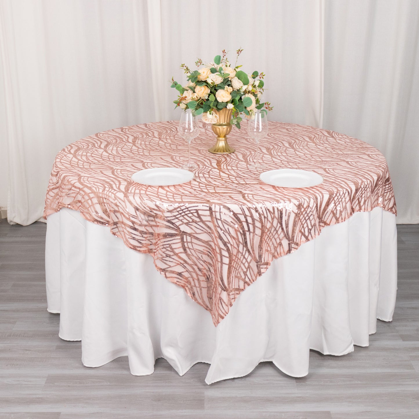 72"x72" Blush Wave Mesh Square Table Overlay With Embroidered Sequins