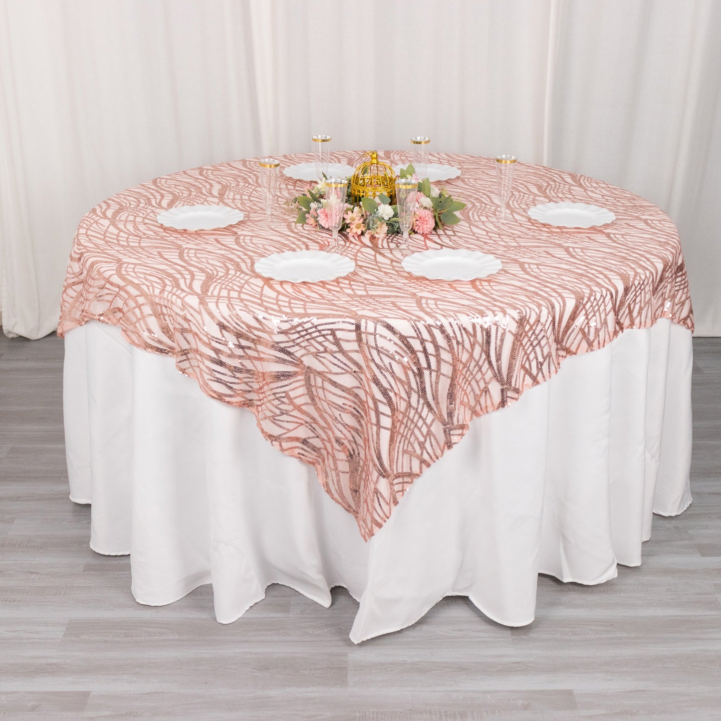 72"x72" Blush Wave Mesh Square Table Overlay With Embroidered Sequins