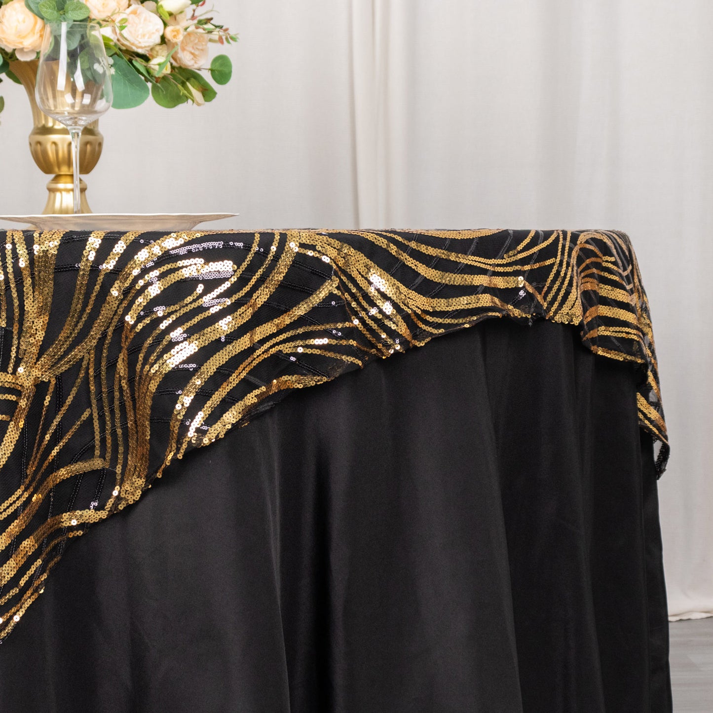 72"x72" Black Gold Wave Mesh Square Table Overlay With Embroidered Sequins