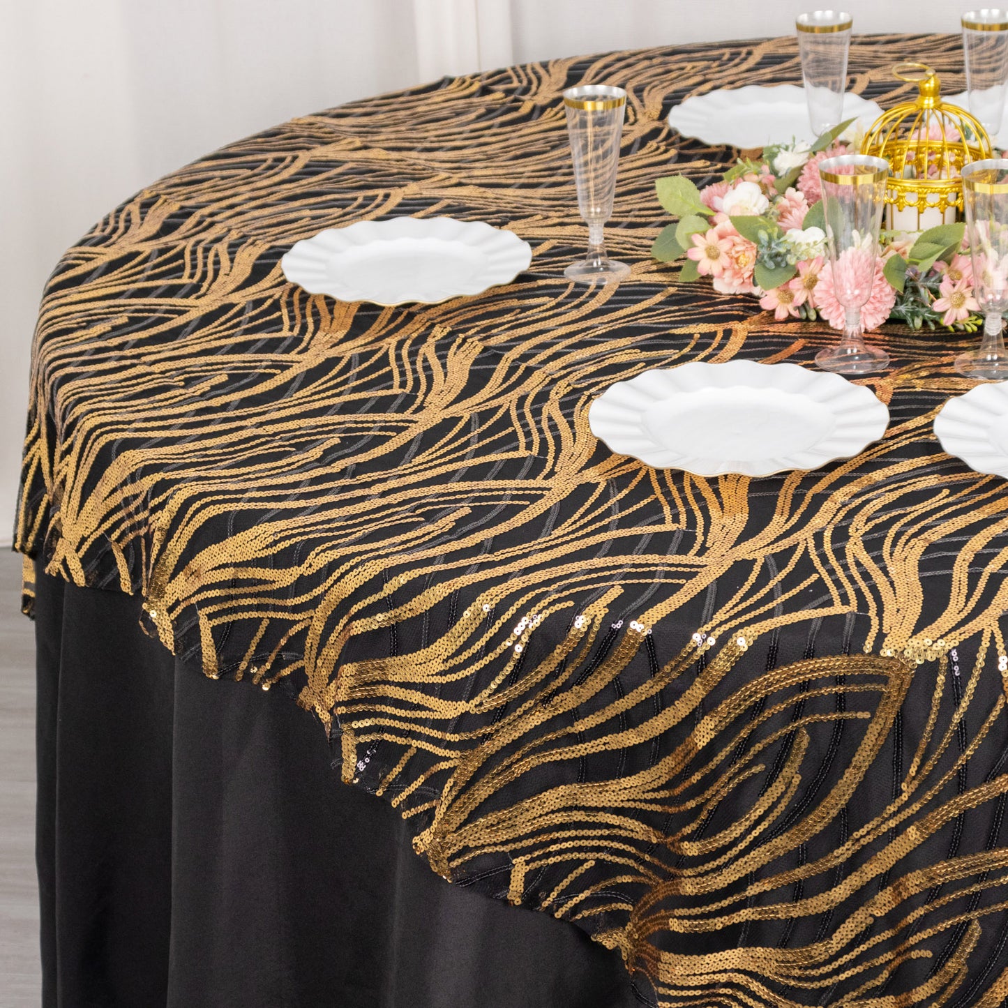 72"x72" Black Gold Wave Mesh Square Table Overlay With Embroidered Sequins
